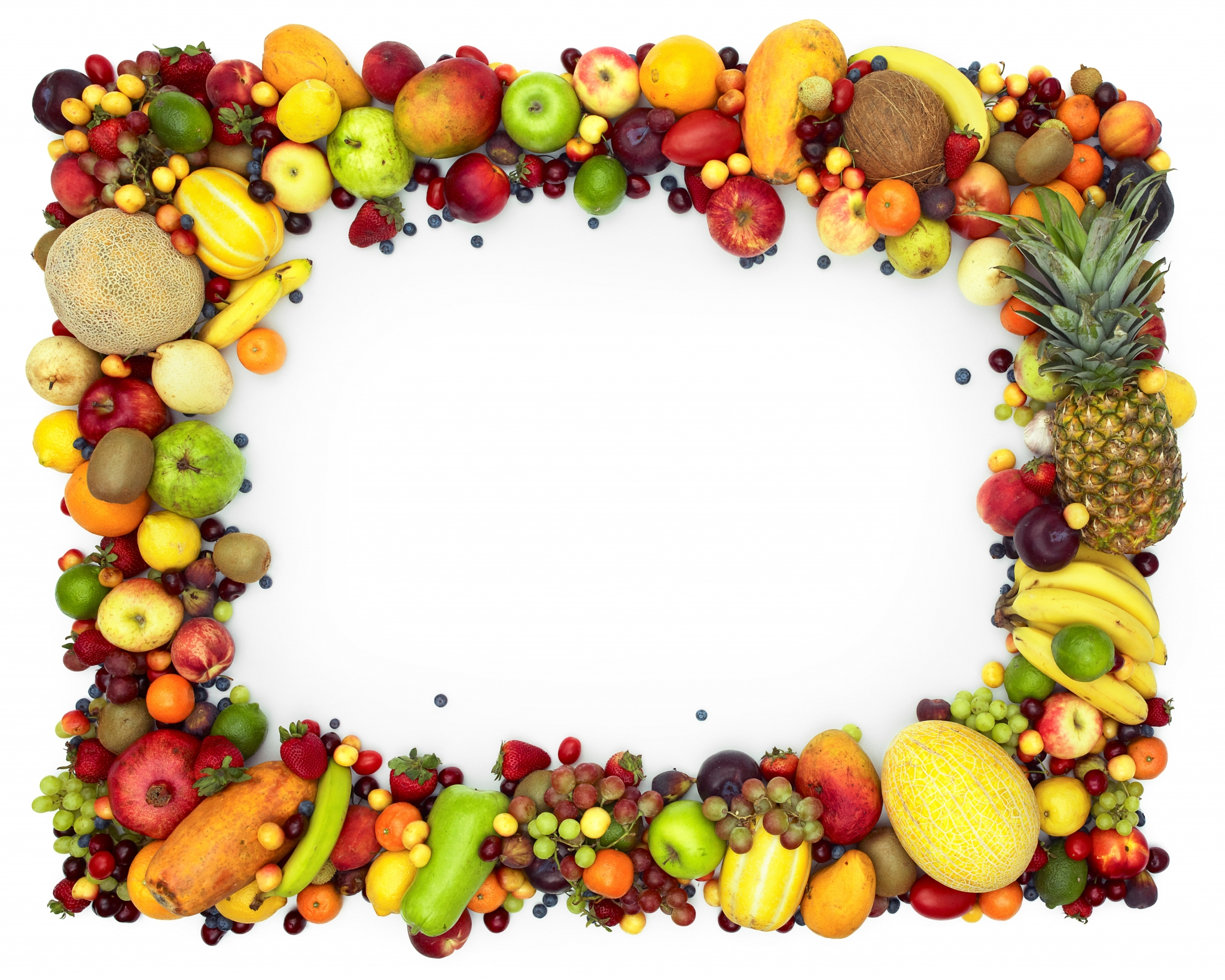 Assortment of fresh fruits arranged in a border HD Wallpaper