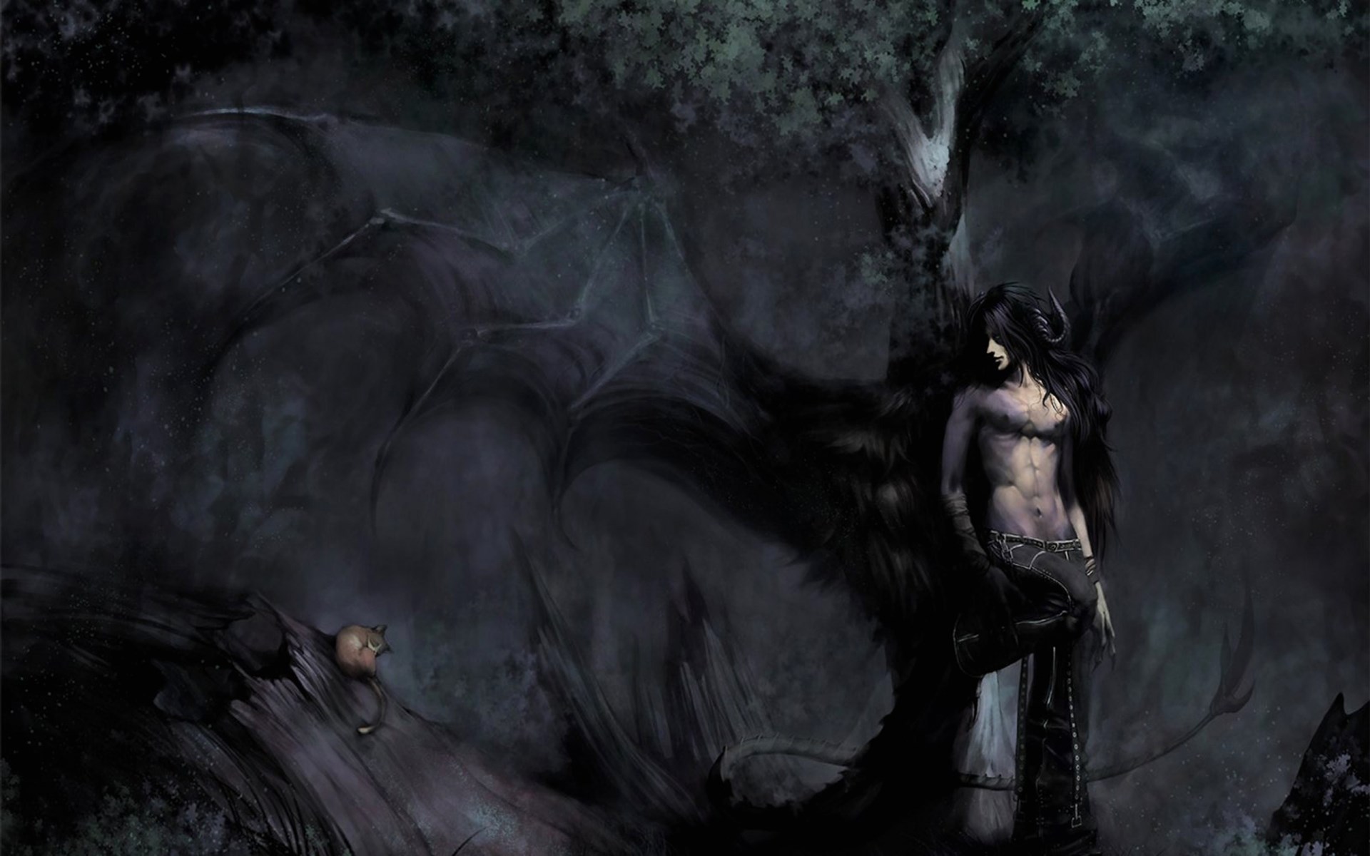 Dark angel with wings in a forest HD Wallpaper
