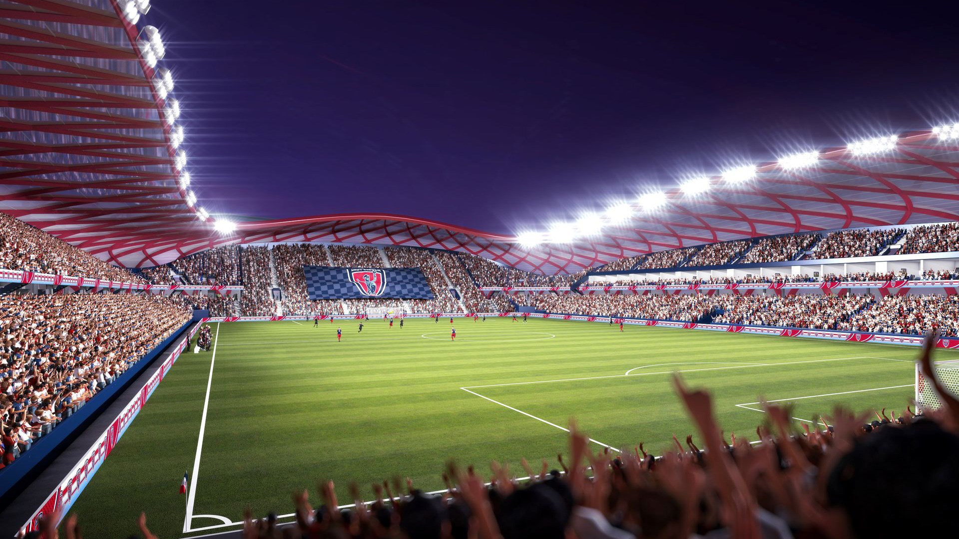 Soccer stadium with fans and players HD Wallpaper