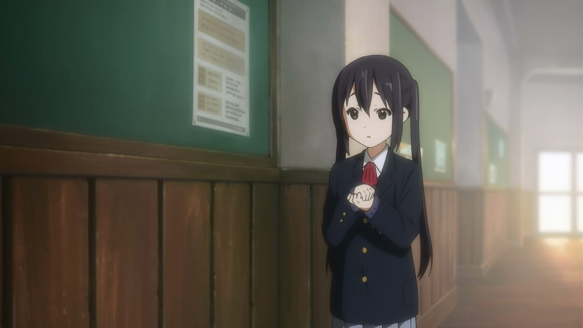 Azusa Nakano from K-On! in a school hallway HD Wallpaper