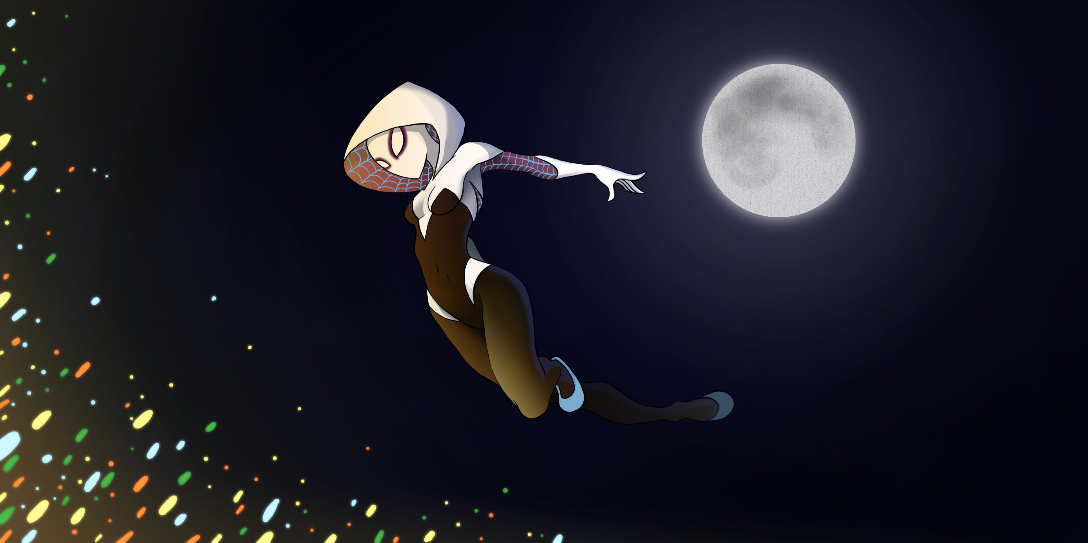 Spider-Gwen flying under the moon HD Wallpaper