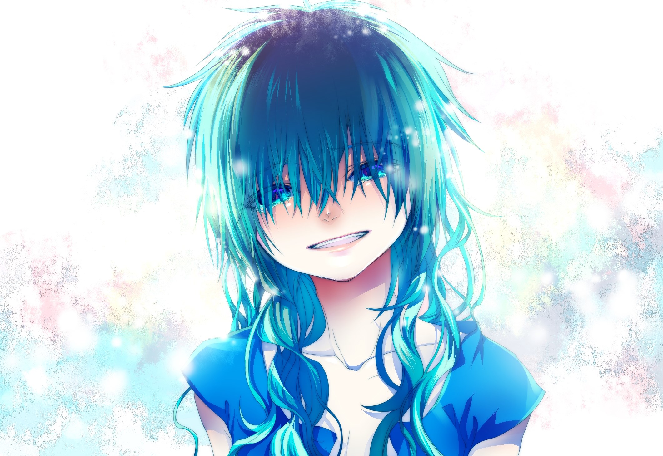 Anime girl with blue hair smiling HD Wallpaper