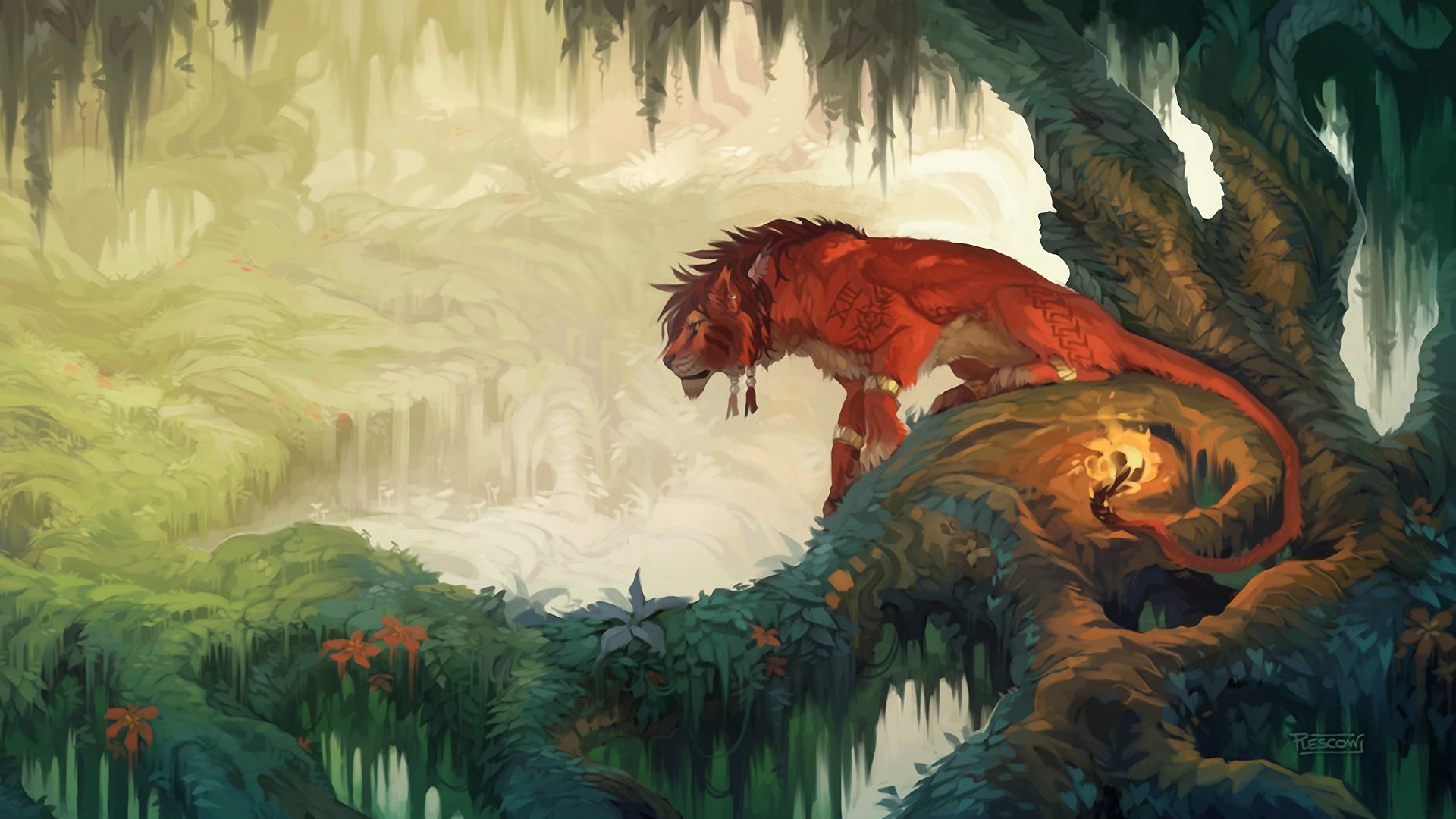 Red Feline Creature in a Forest HD Wallpaper