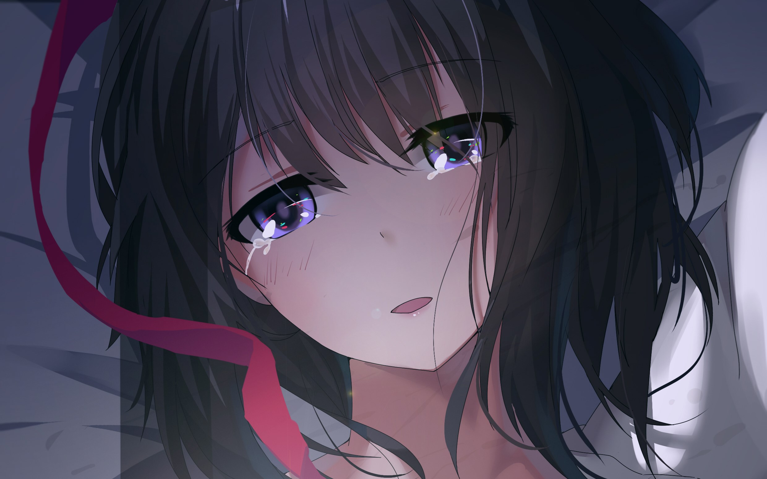 Crying girl with purple eyes and dark hair HD Wallpaper