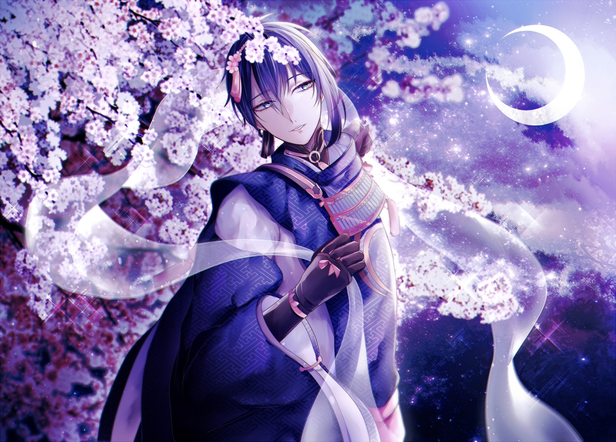 Man in blue kimono with cherry blossoms and moon HD Wallpaper