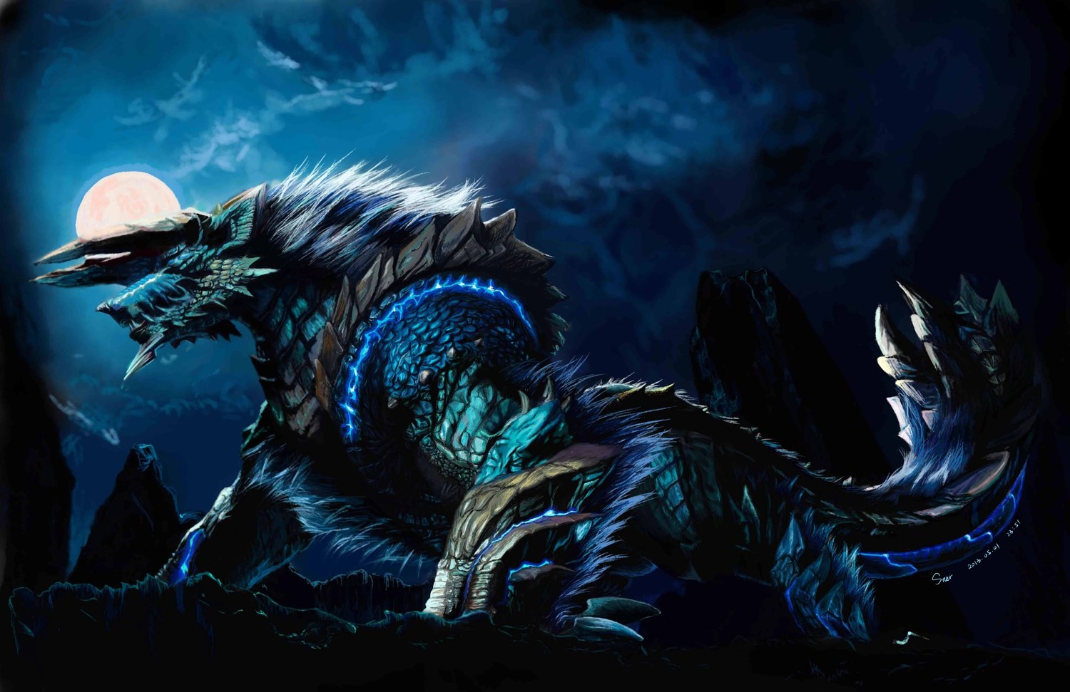 Monster Hunter creature under a full moon HD Wallpaper