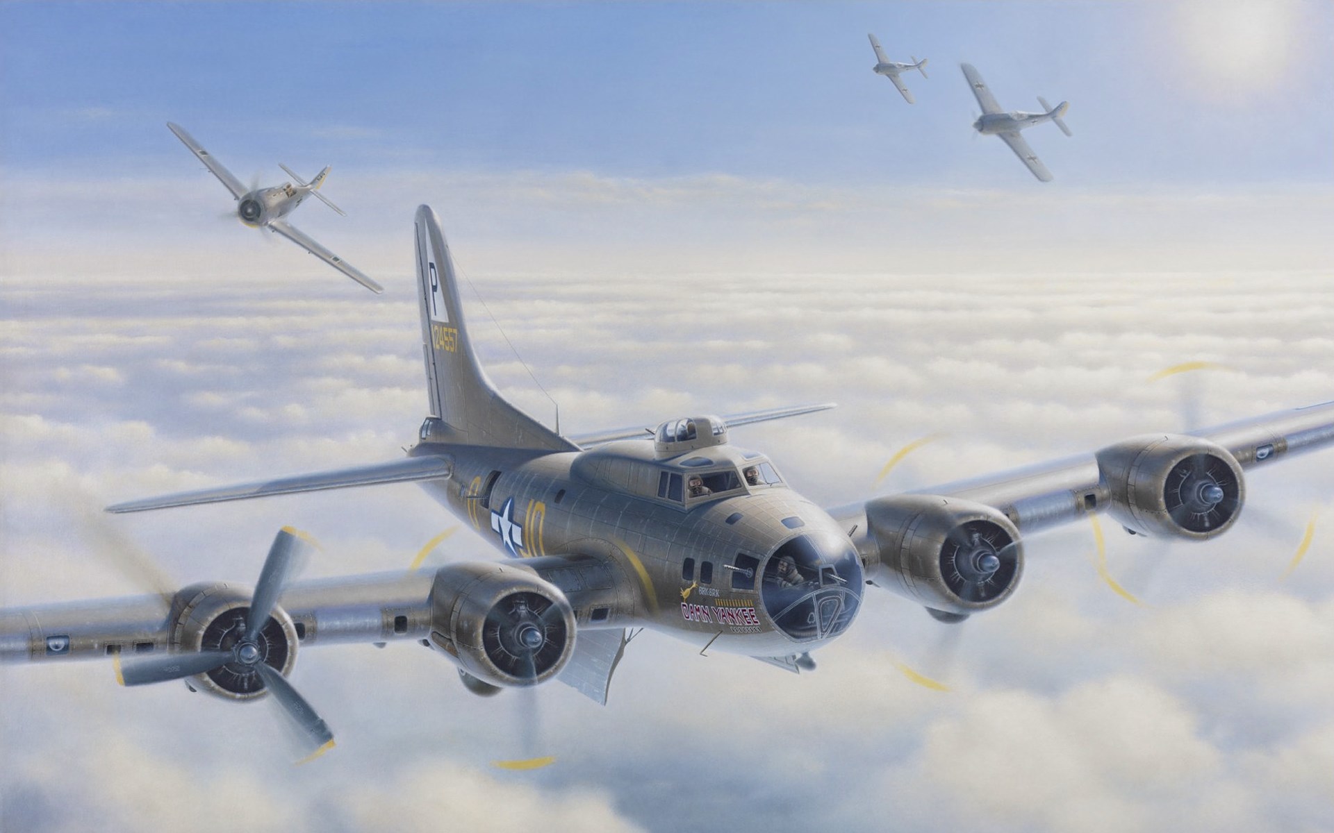 Boeing B-17 Flying Fortress in flight with fighter planes HD Wallpaper