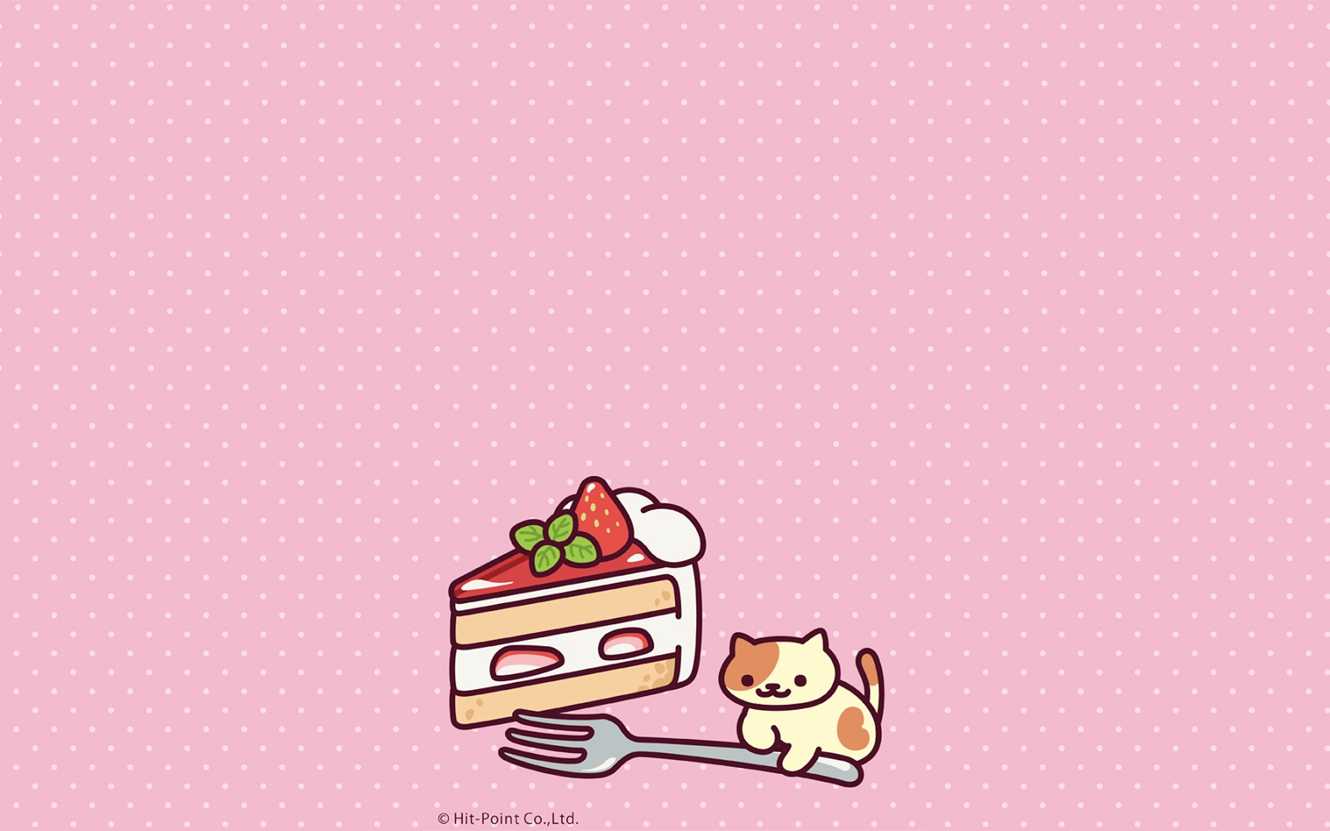 Cute cat with strawberry cake and fork HD Wallpaper