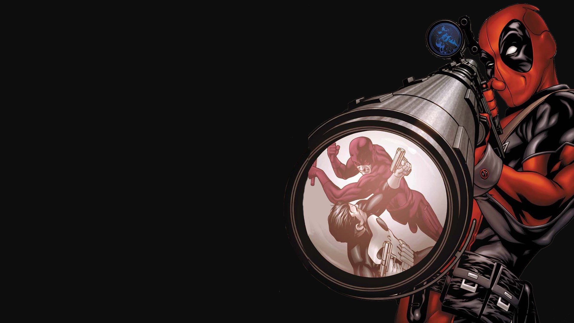 Deadpool aiming a large weapon at Daredevil and Punisher HD Wallpaper