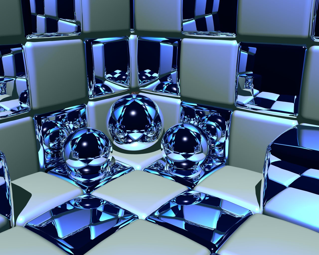 Reflective spheres and cubes in a checkered environment HD Wallpaper