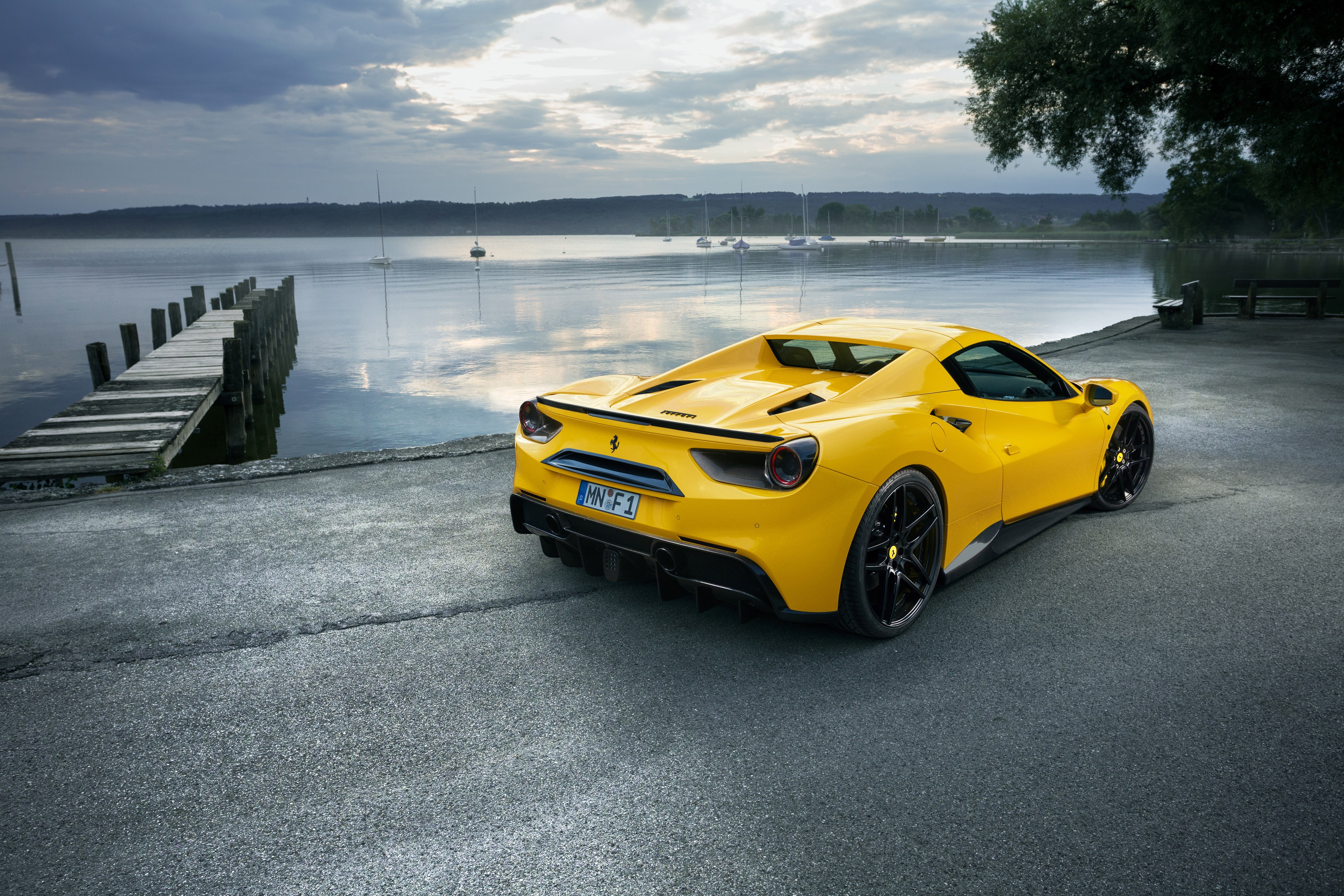 Yellow Ferrari 488 Spider by a Lake HD Wallpaper