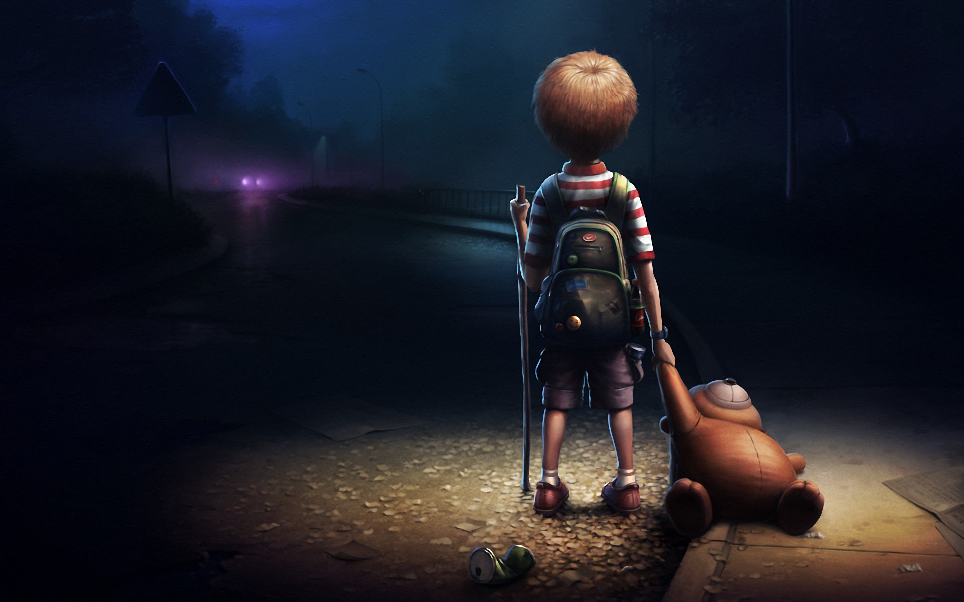 Boy with backpack and teddy bear on a dark road HD Wallpaper