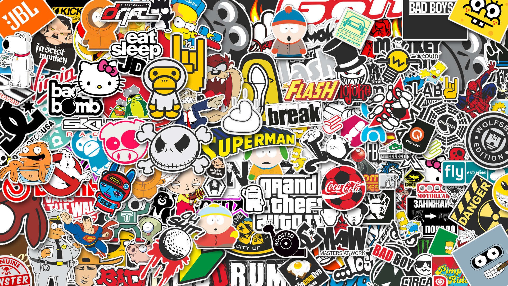 Colorful Sticker Bomb Collage with Pop Culture Icons HD Wallpaper