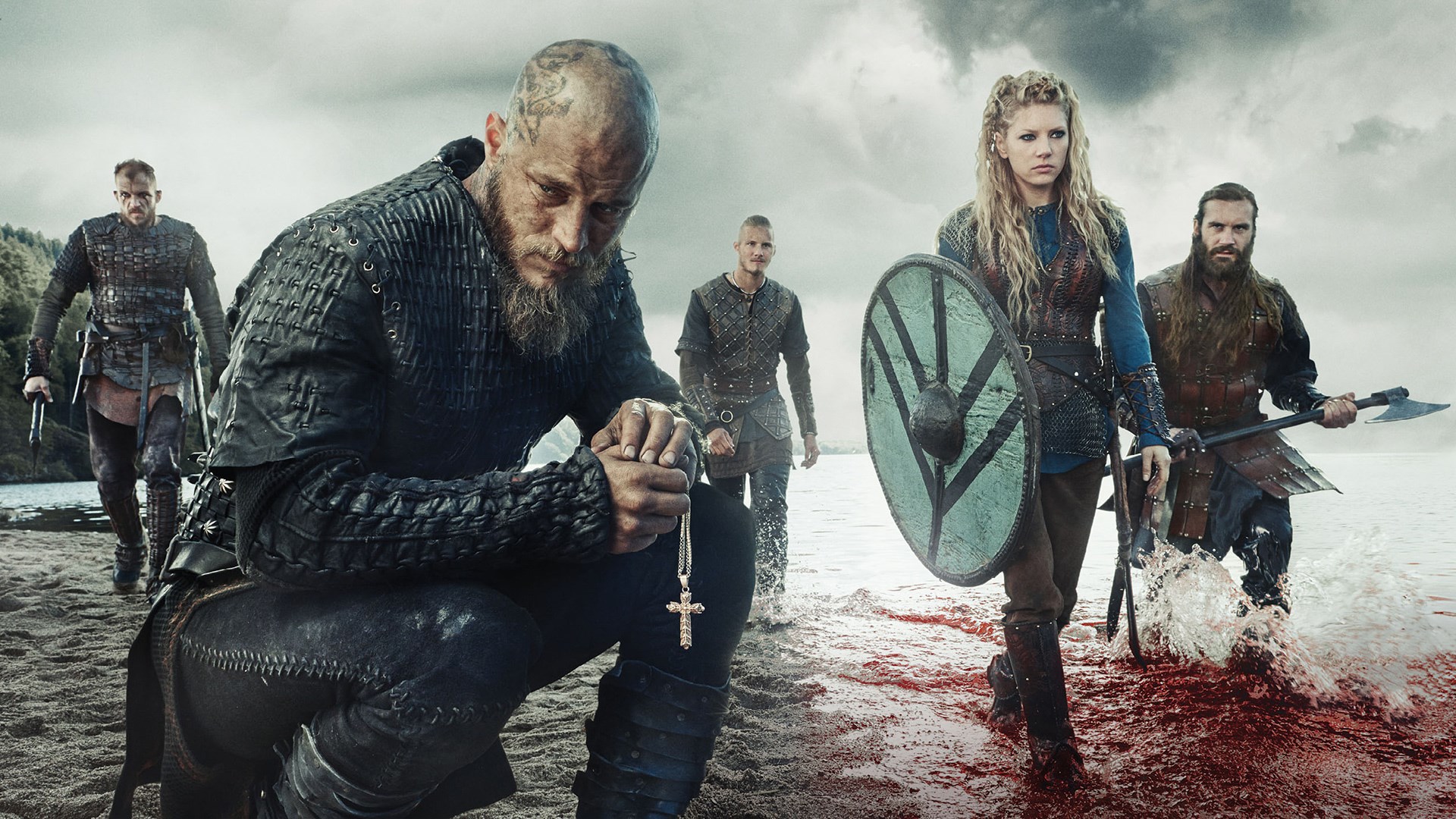 Vikings characters on a beach with blood in the water HD Wallpaper