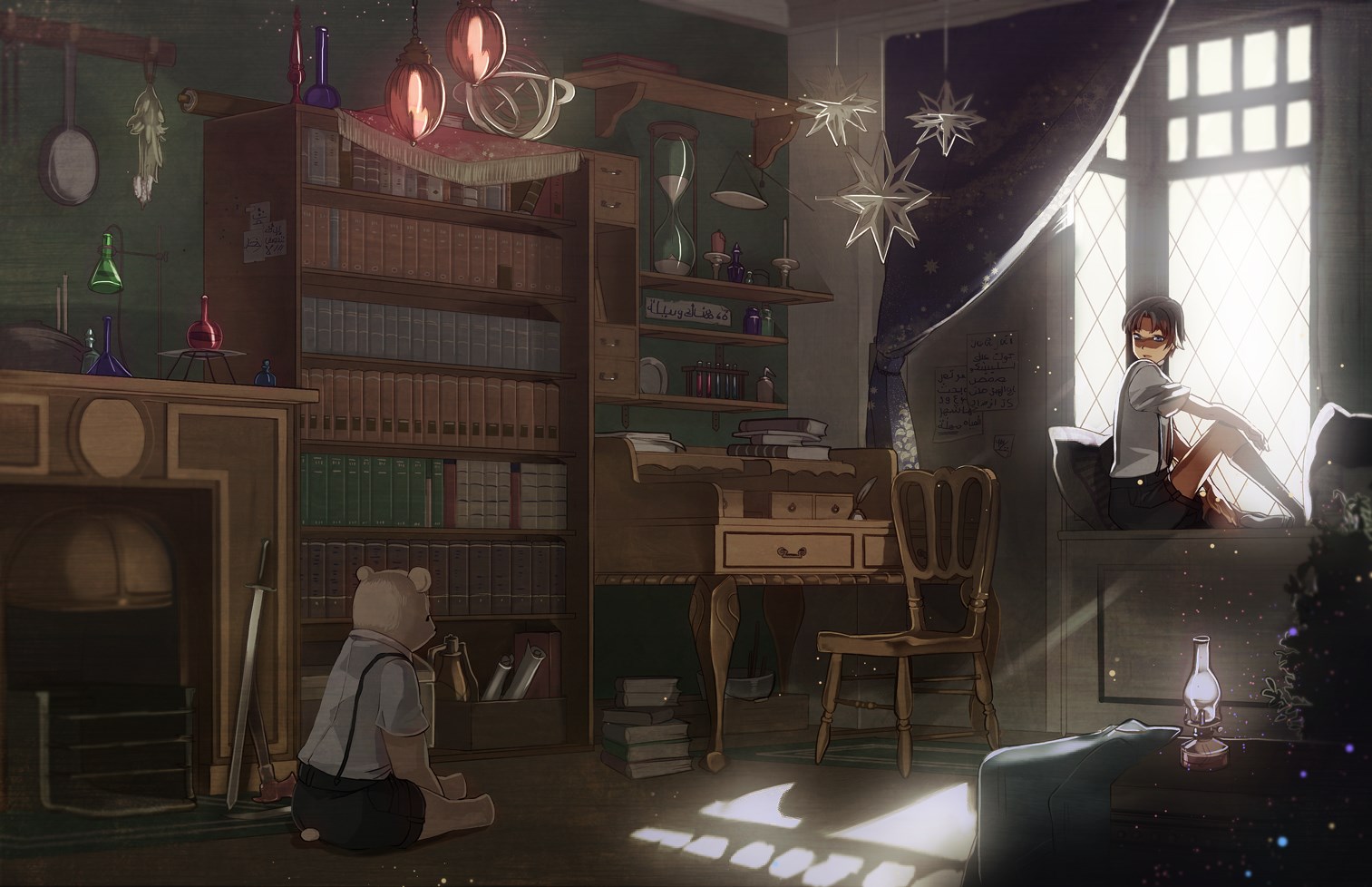Anime room with books, desk, and window HD Wallpaper