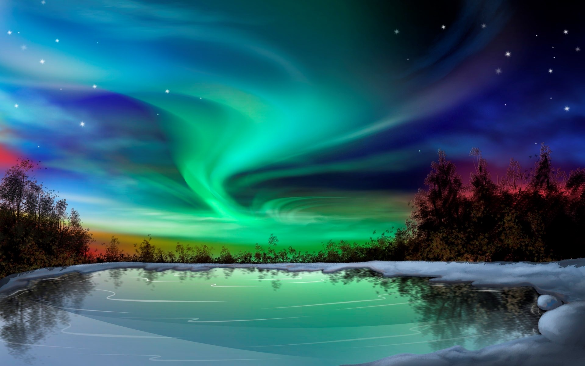Aurora Borealis over a tranquil lake HD Wallpaper