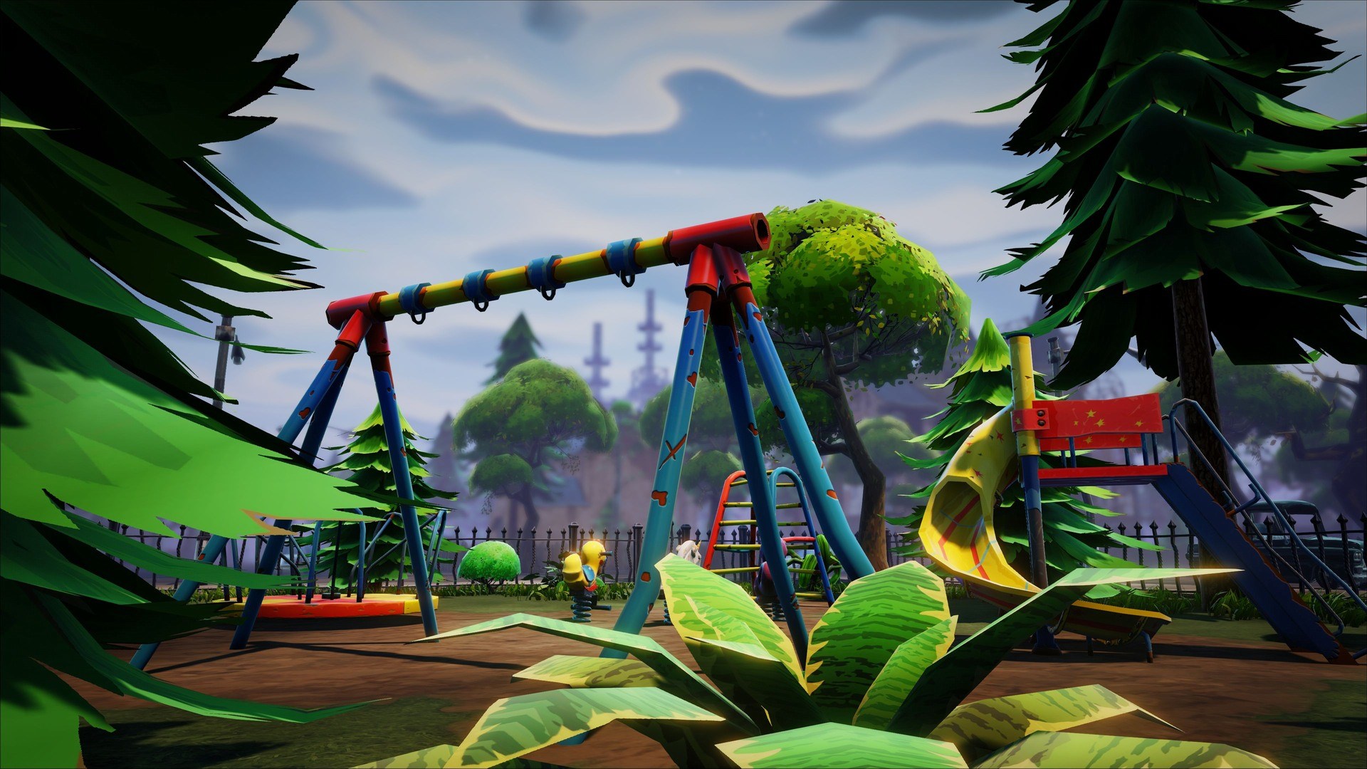 Fortnite playground with swings and slide HD Wallpaper