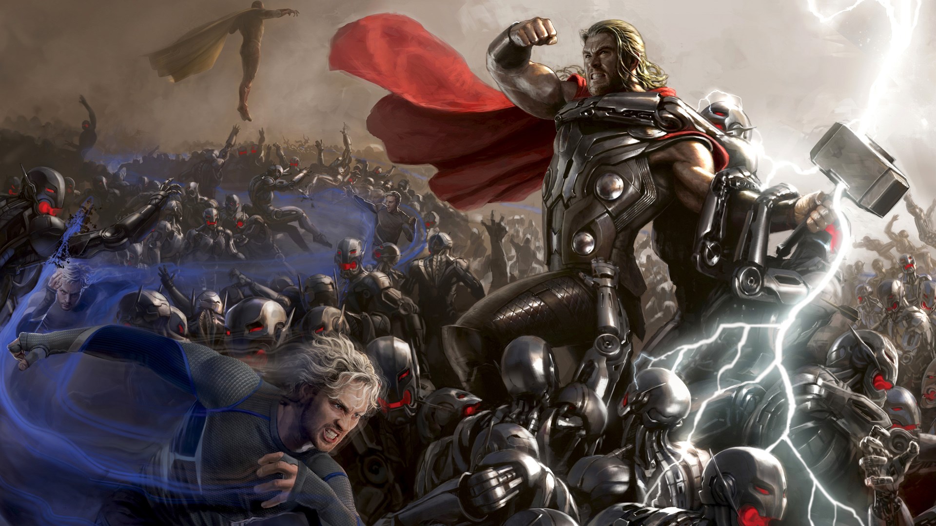 Thor and Quicksilver from Avengers: Age of Ultron fighting Ultron bots HD Wallpaper