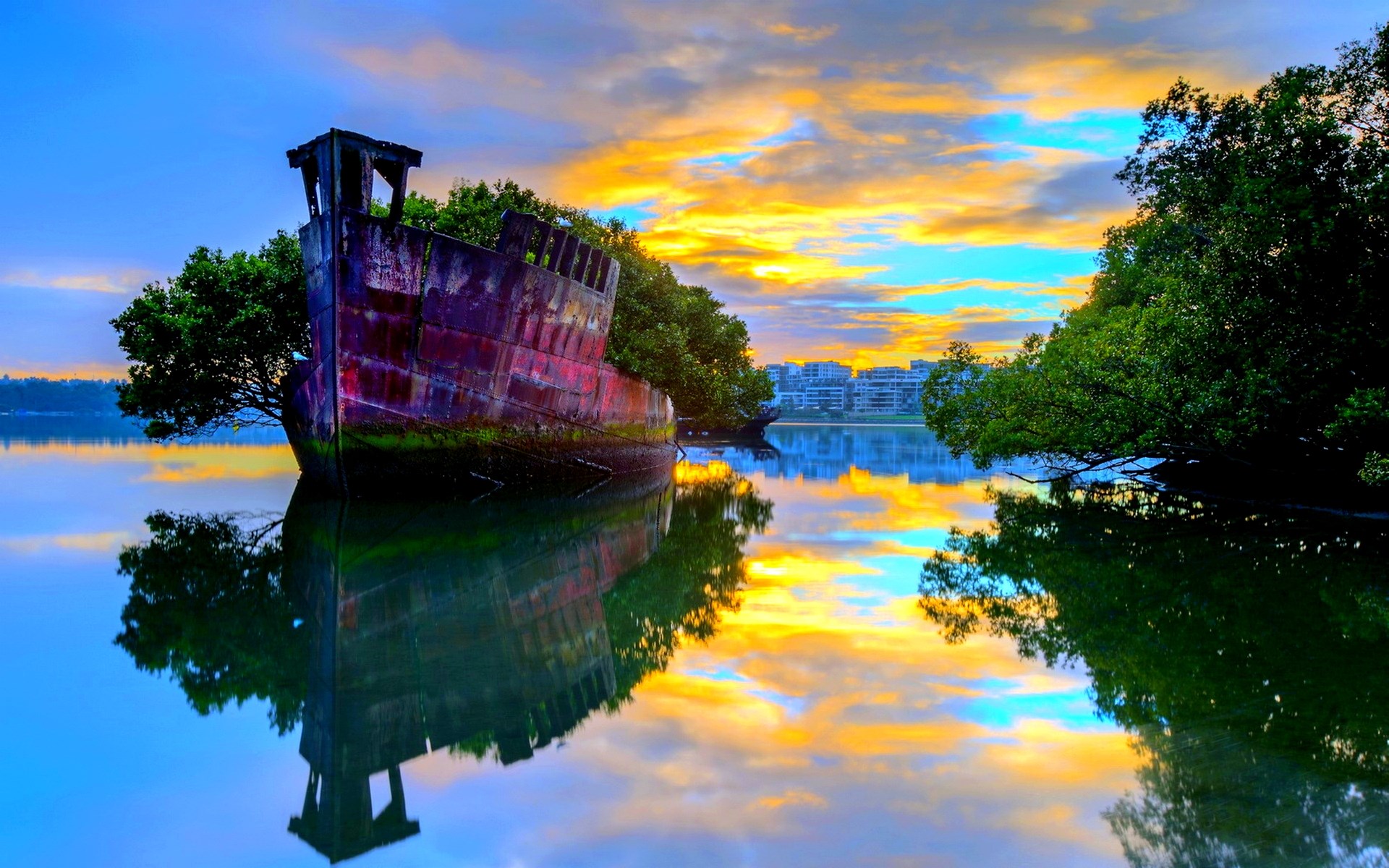 Abandoned Shipwreck at Sunset Reflection HD Wallpaper
