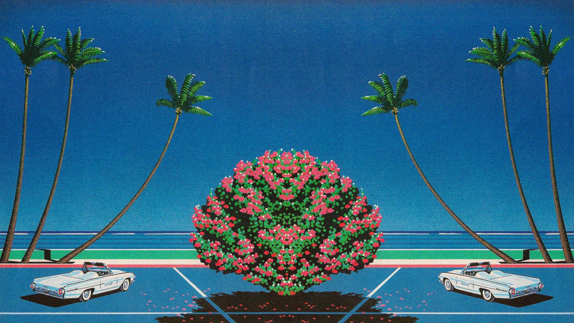 Vaporwave scene with palm trees and convertible cars HD Wallpaper