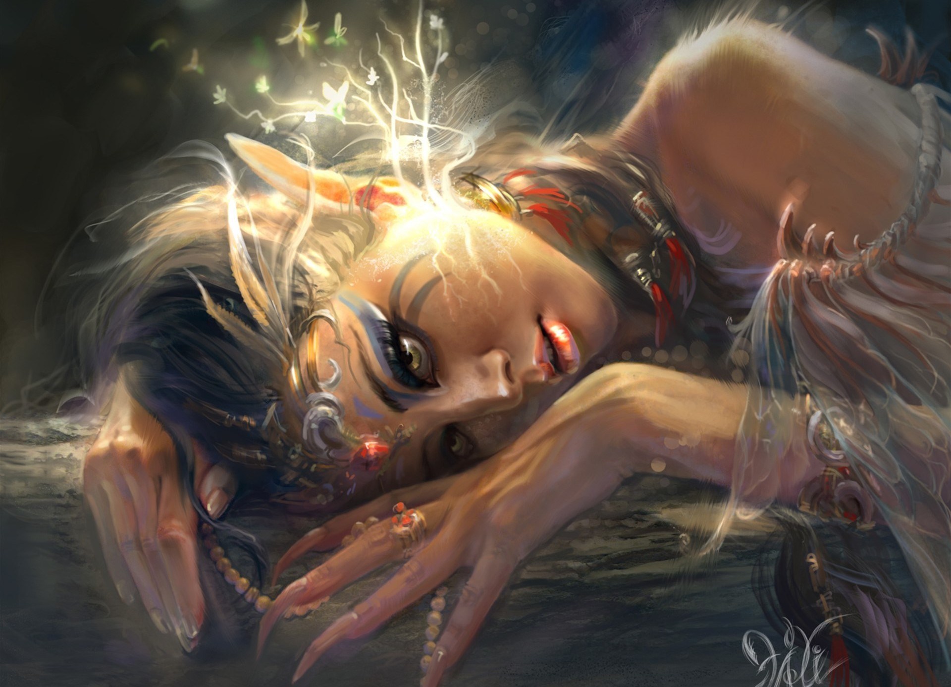 Elf with glowing branches growing from head HD Wallpaper