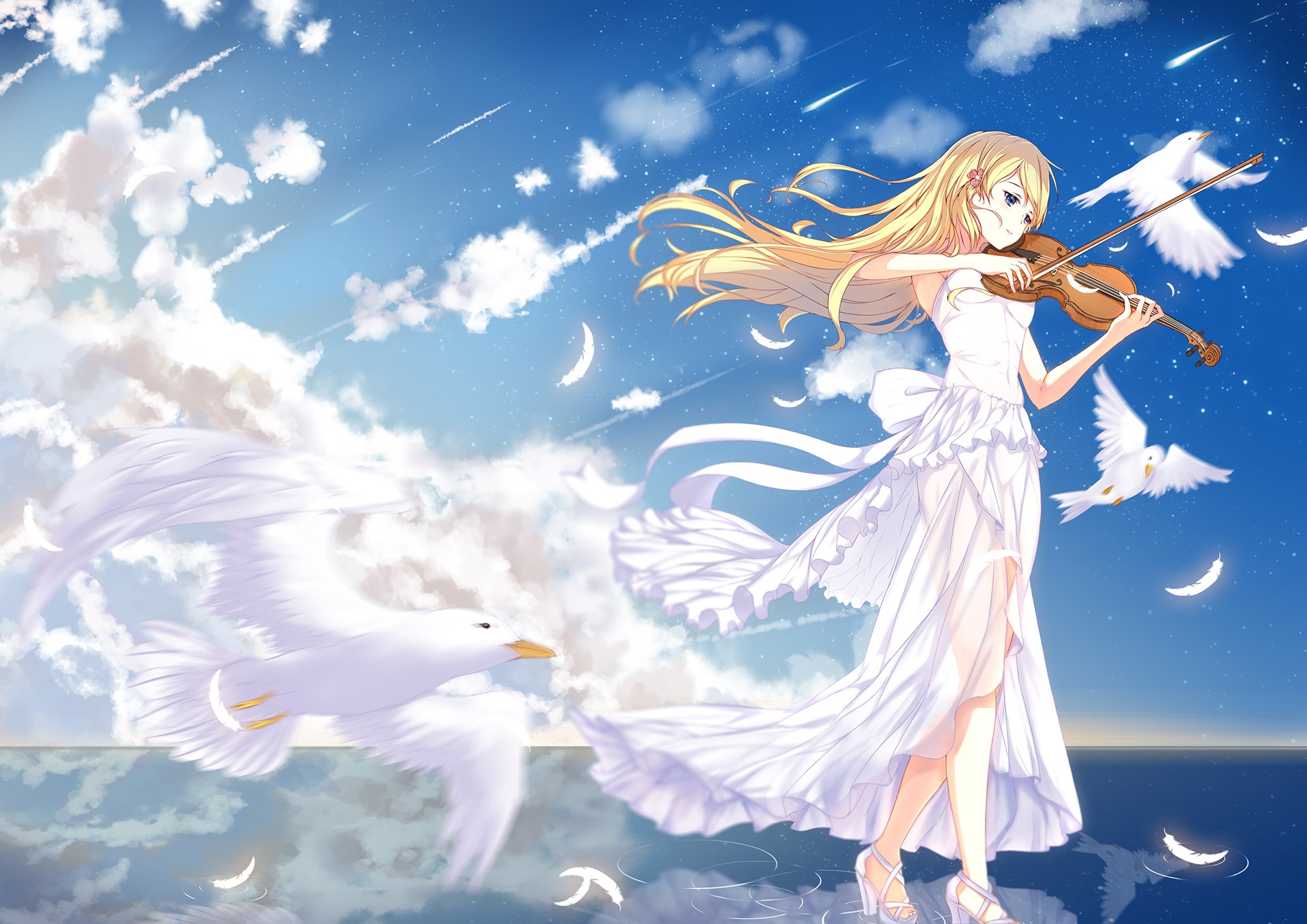 Kaori Miyazono playing violin with birds in the sky HD Wallpaper