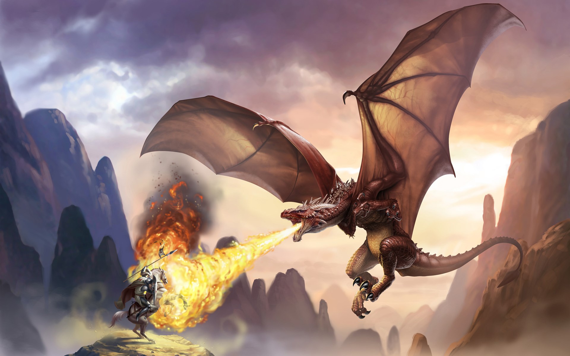 Dragon breathing fire at a knight on horseback HD Wallpaper