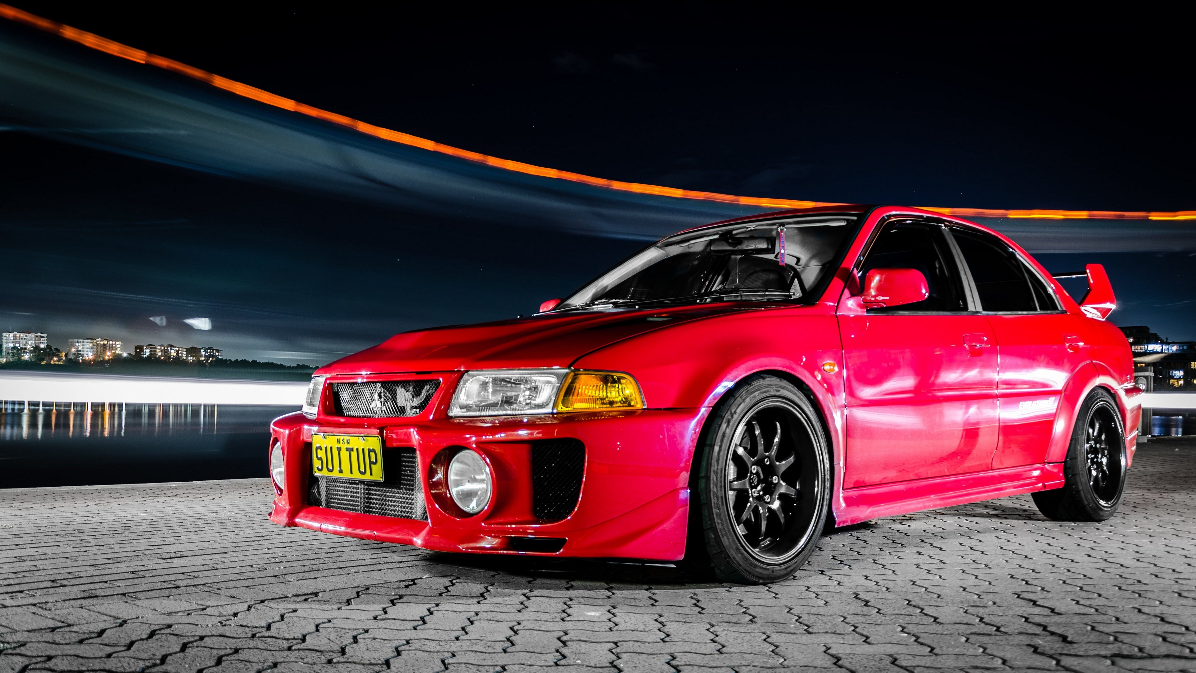 Red Mitsubishi Lancer Evolution VII at Night HD Wallpaper