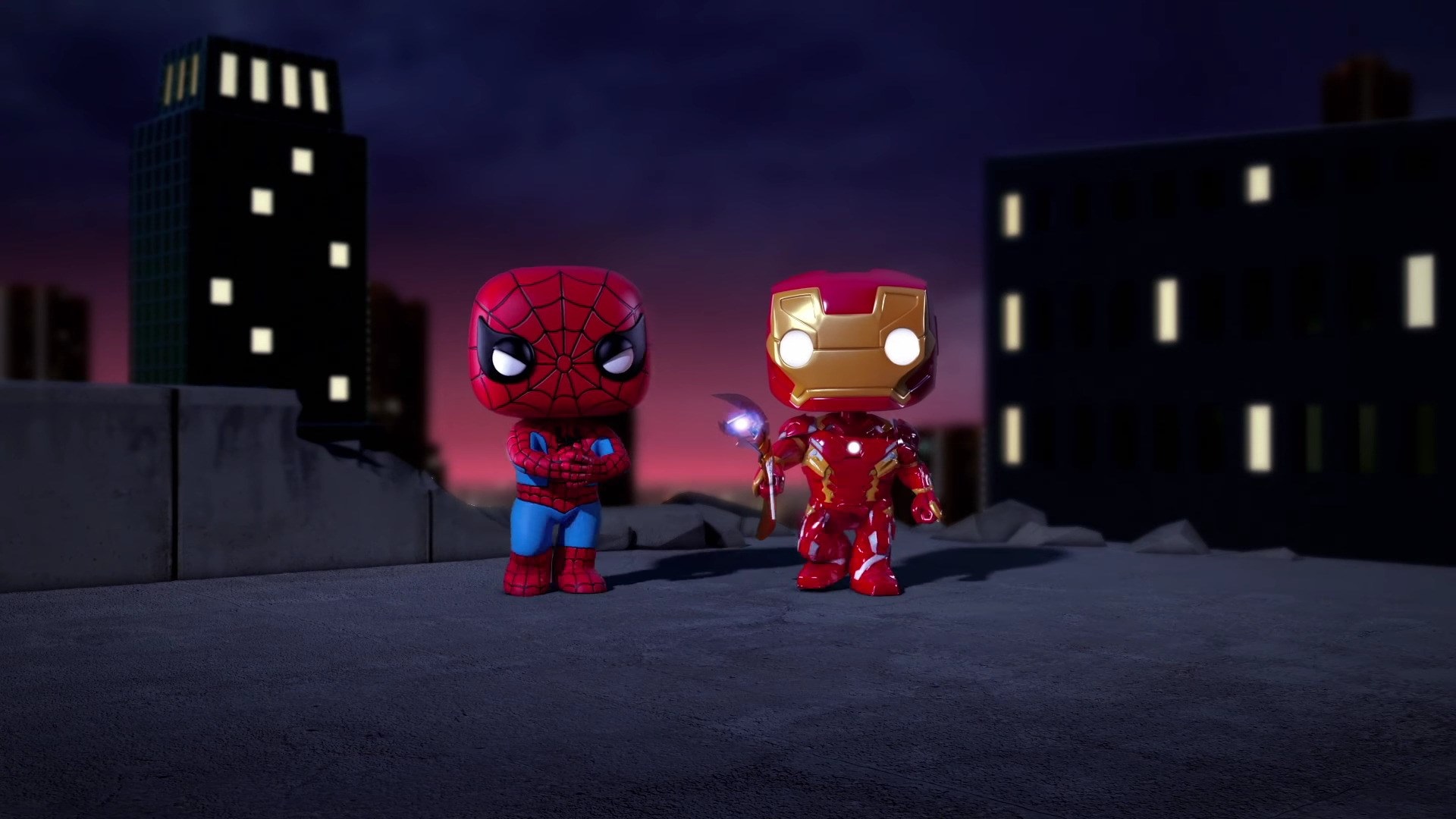 Spider-Man and Iron Man Funko Pops on a Rooftop HD Wallpaper
