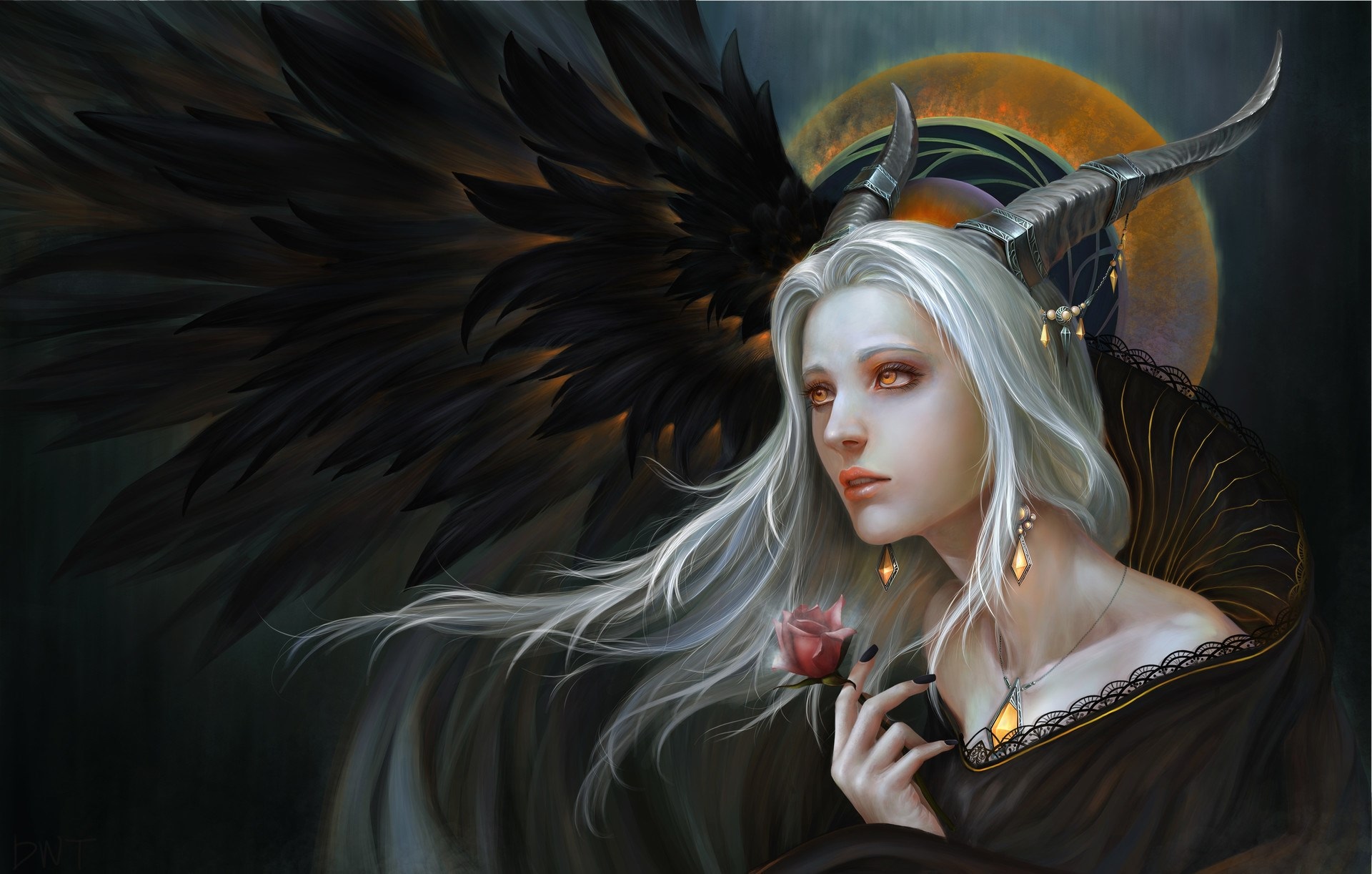 Fantasy girl with black wings and horns holding a rose HD Wallpaper