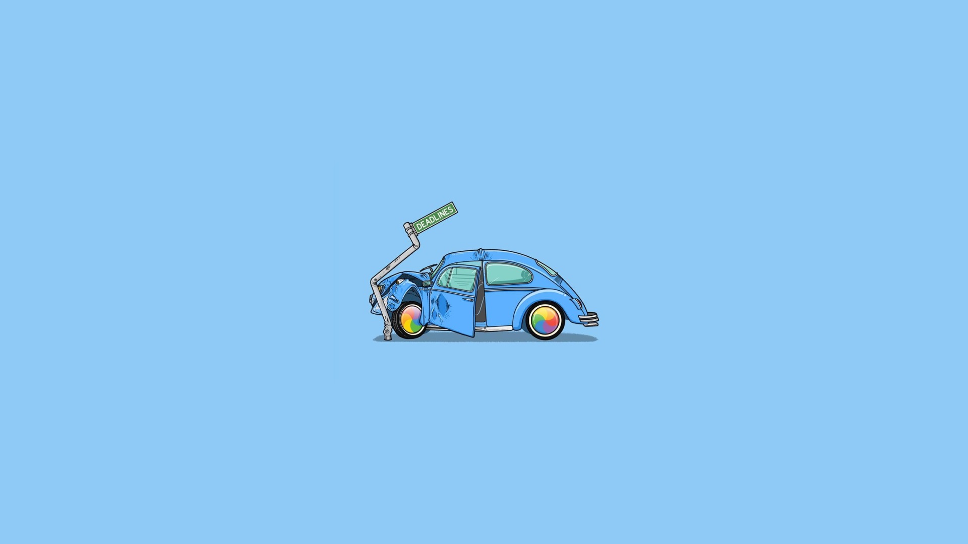 Crushed blue Volkswagen Beetle with rainbow wheels and deadline sign HD Wallpaper