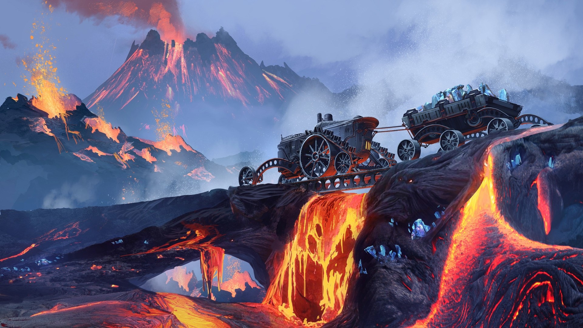 Steampunk train and cart near volcano HD Wallpaper