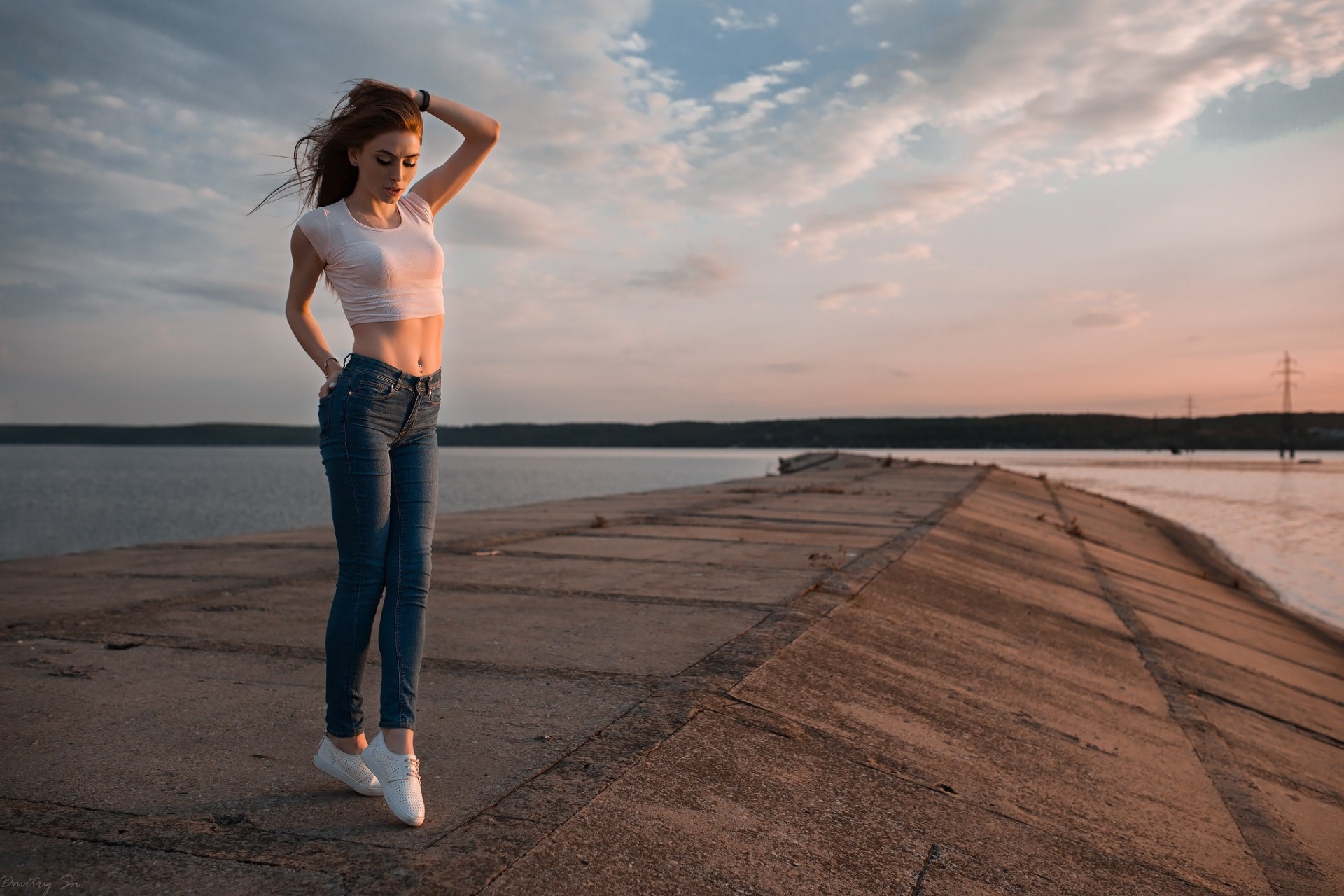 Young Woman Standing on Pier at Sunset HD Wallpaper