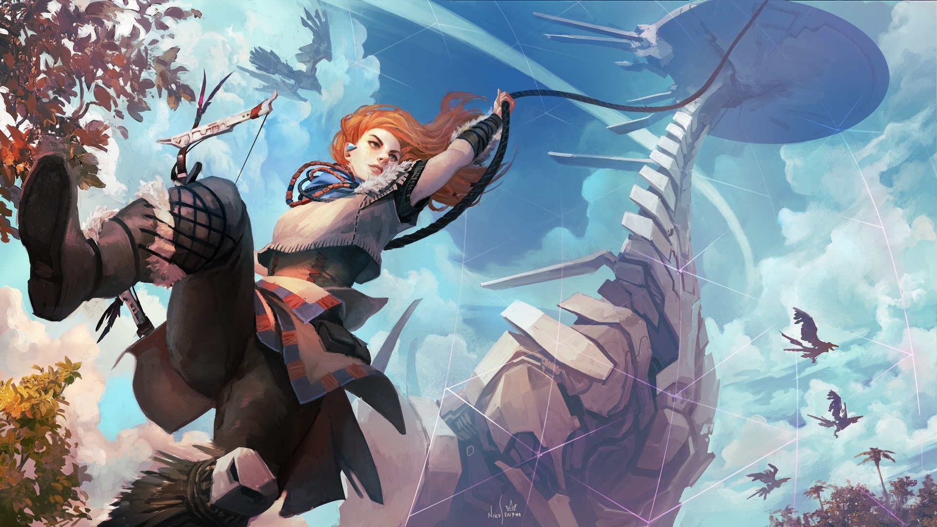 Aloy from Horizon Zero Dawn on a mechanical creature HD Wallpaper