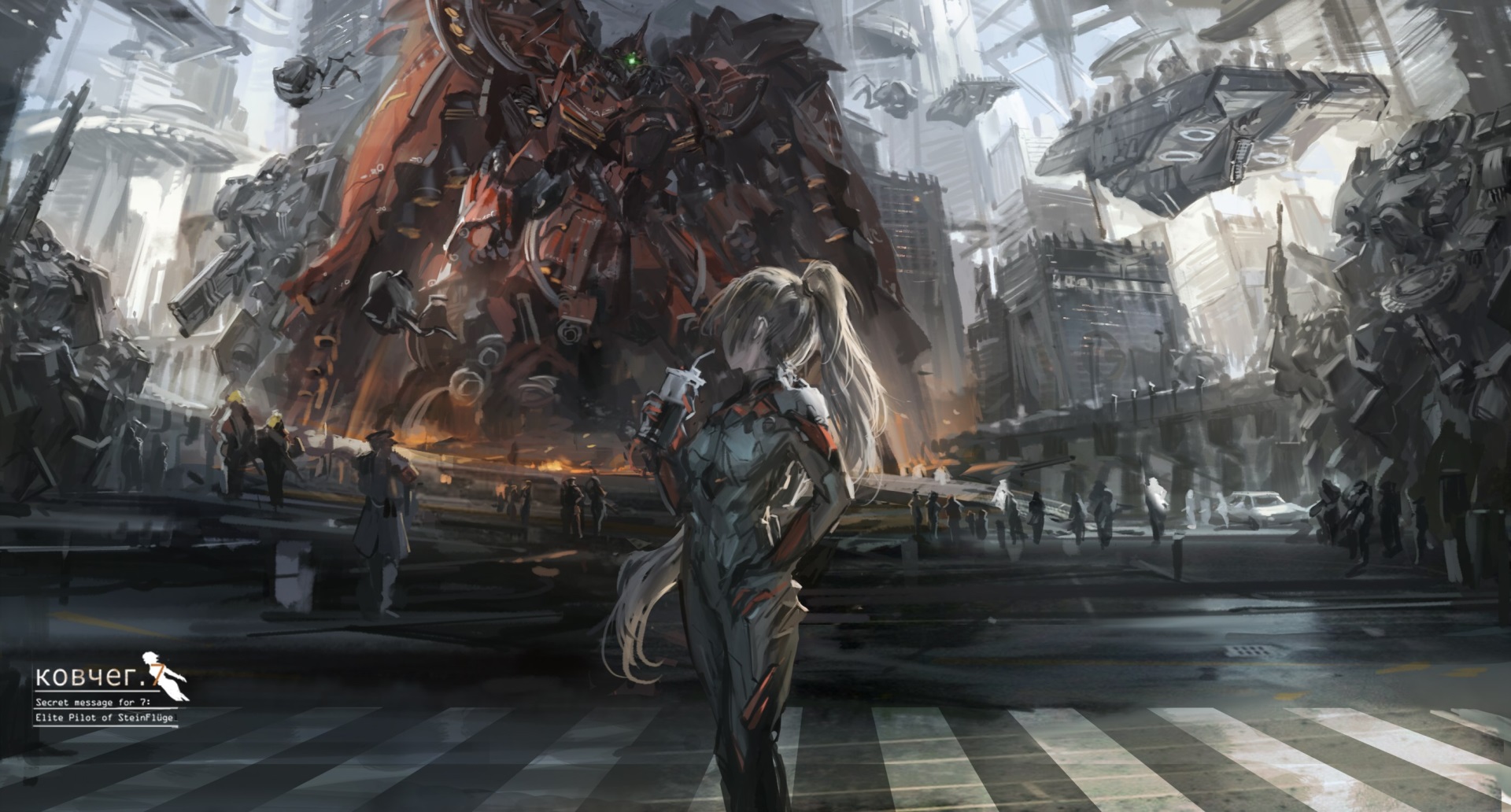 Anime girl in a futuristic city with a giant robot HD Wallpaper
