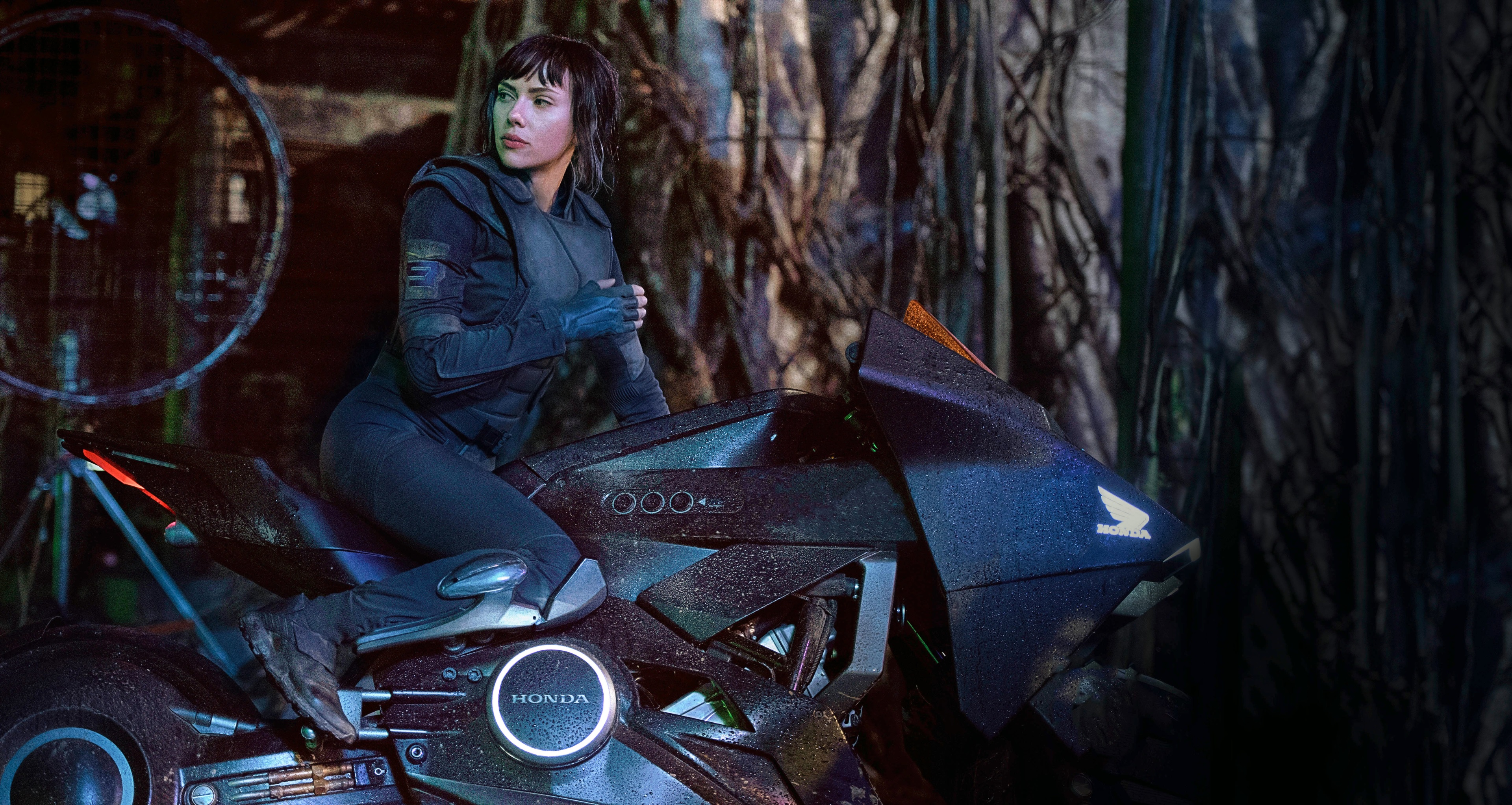Major Motoko Kusanagi from Ghost in the Shell on a motorcycle 4K HD Wallpaper