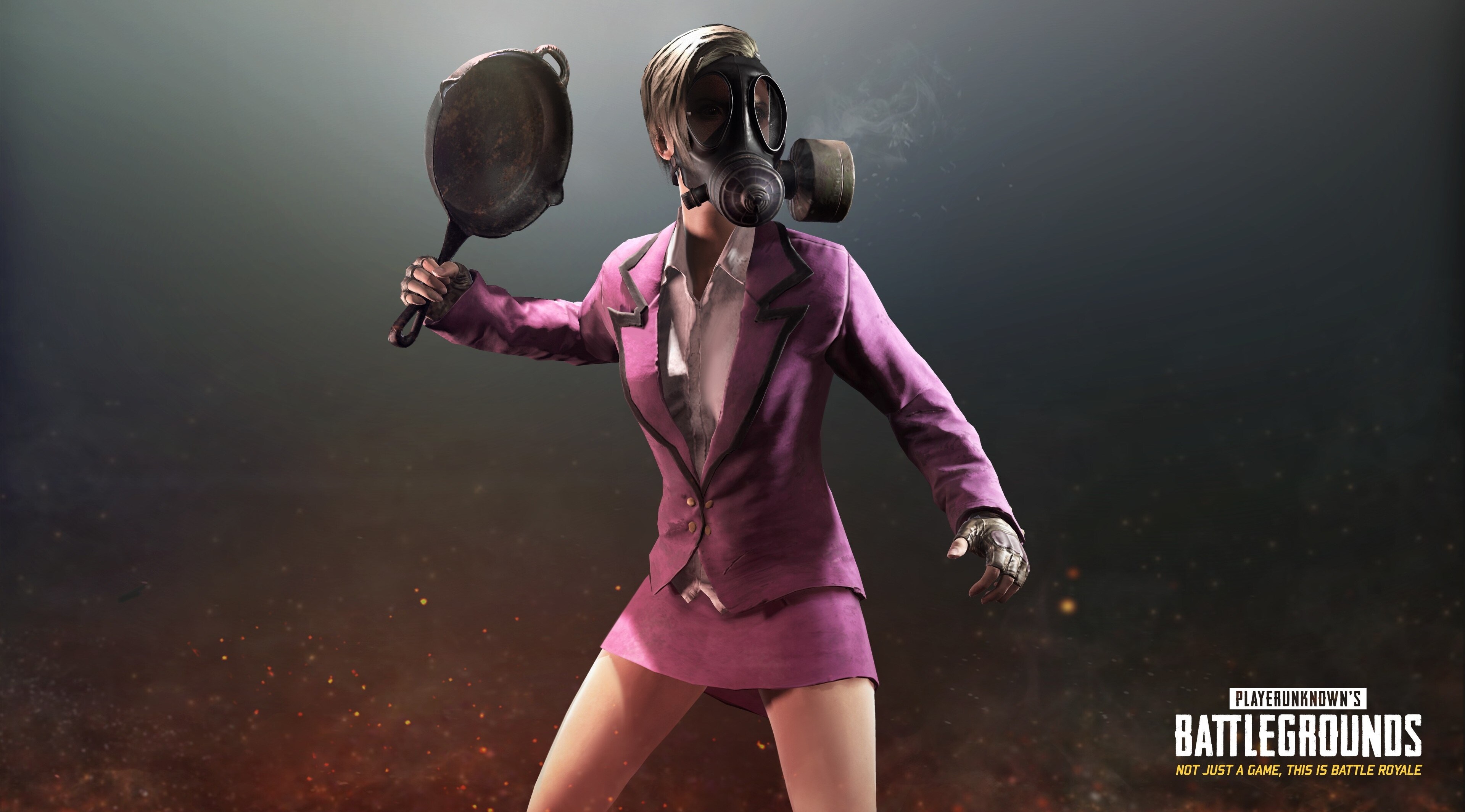 PlayerUnknown's Battlegrounds character with frying pan and gas mask HD Wallpaper
