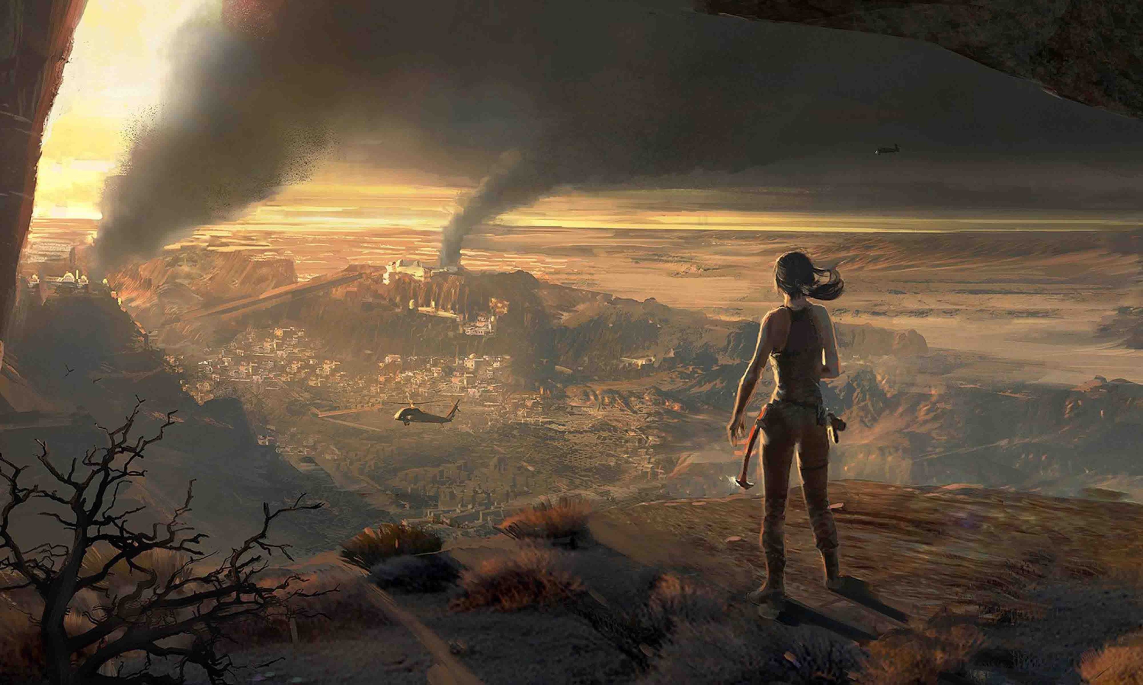 Lara Croft from Tomb Raider overlooking a city HD Wallpaper