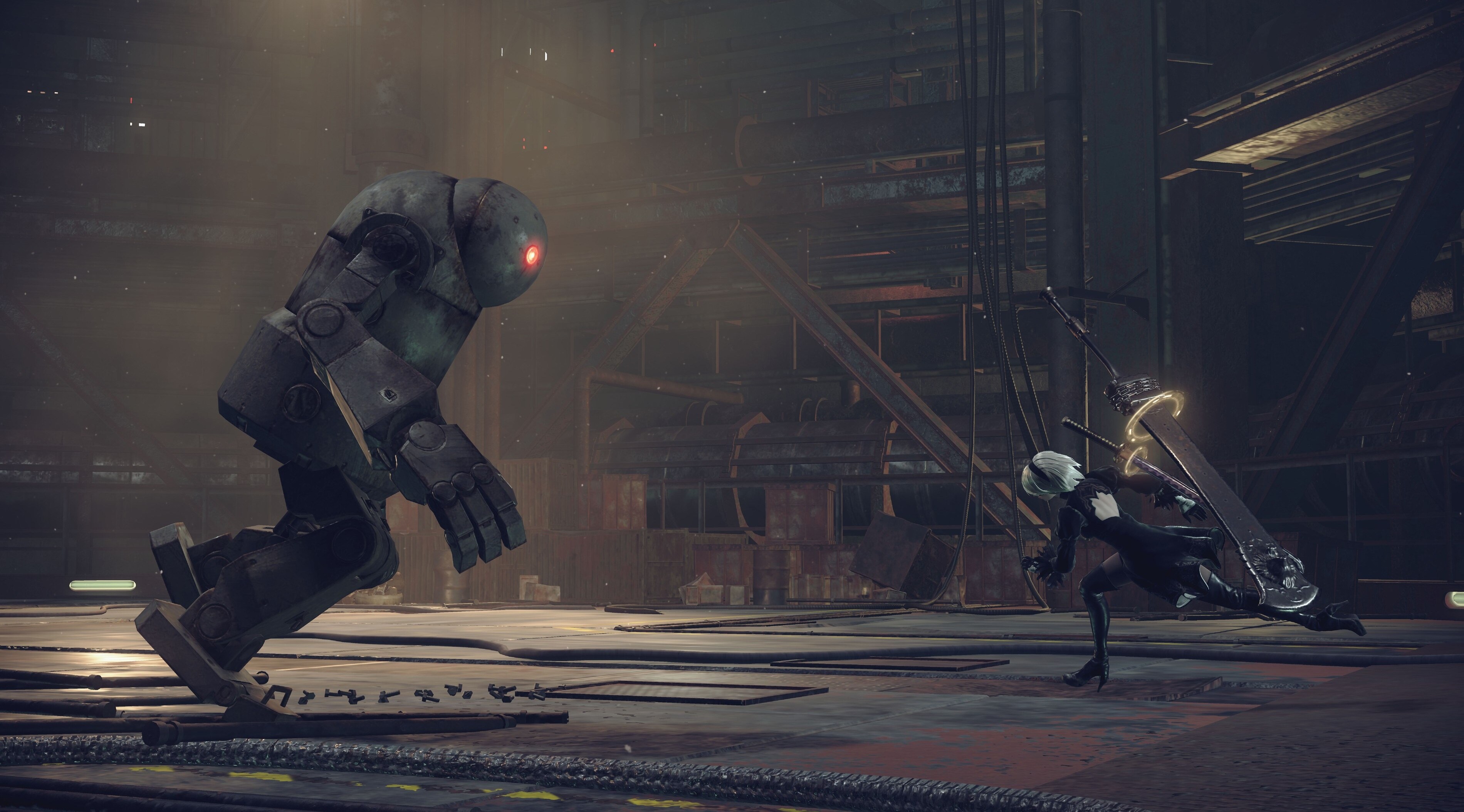 2B from Nier: Automata fighting a robot HD Wallpaper