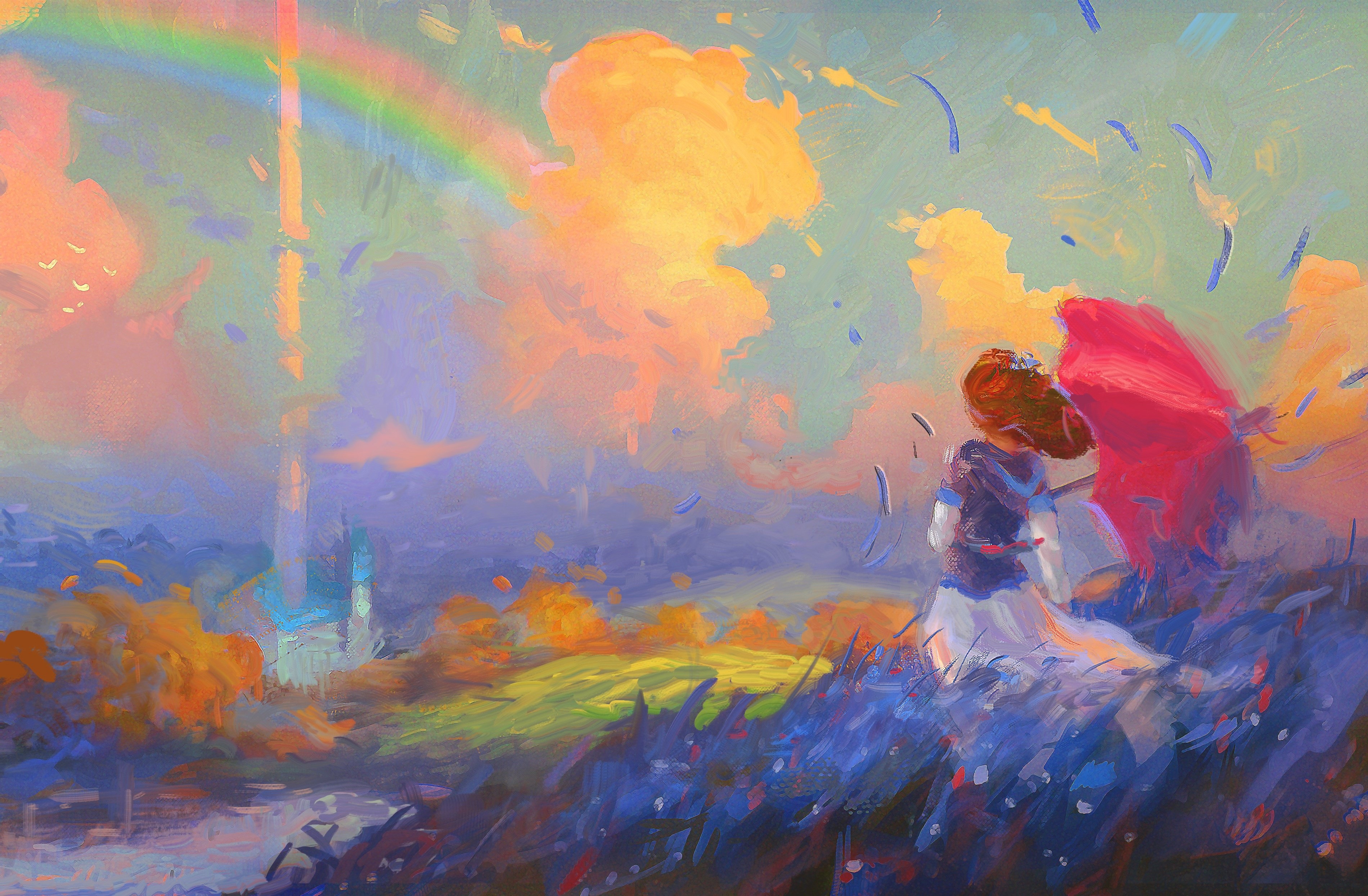 Girl with umbrella in a field with rainbow HD Wallpaper