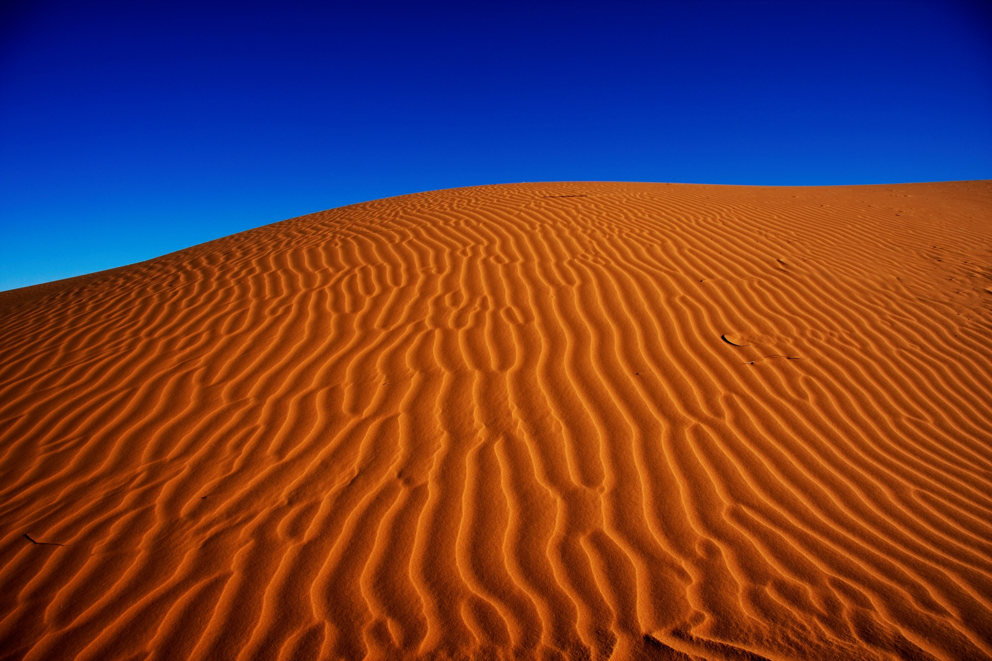 Sand dunes with rippled patterns under a blue sky HD Wallpaper
