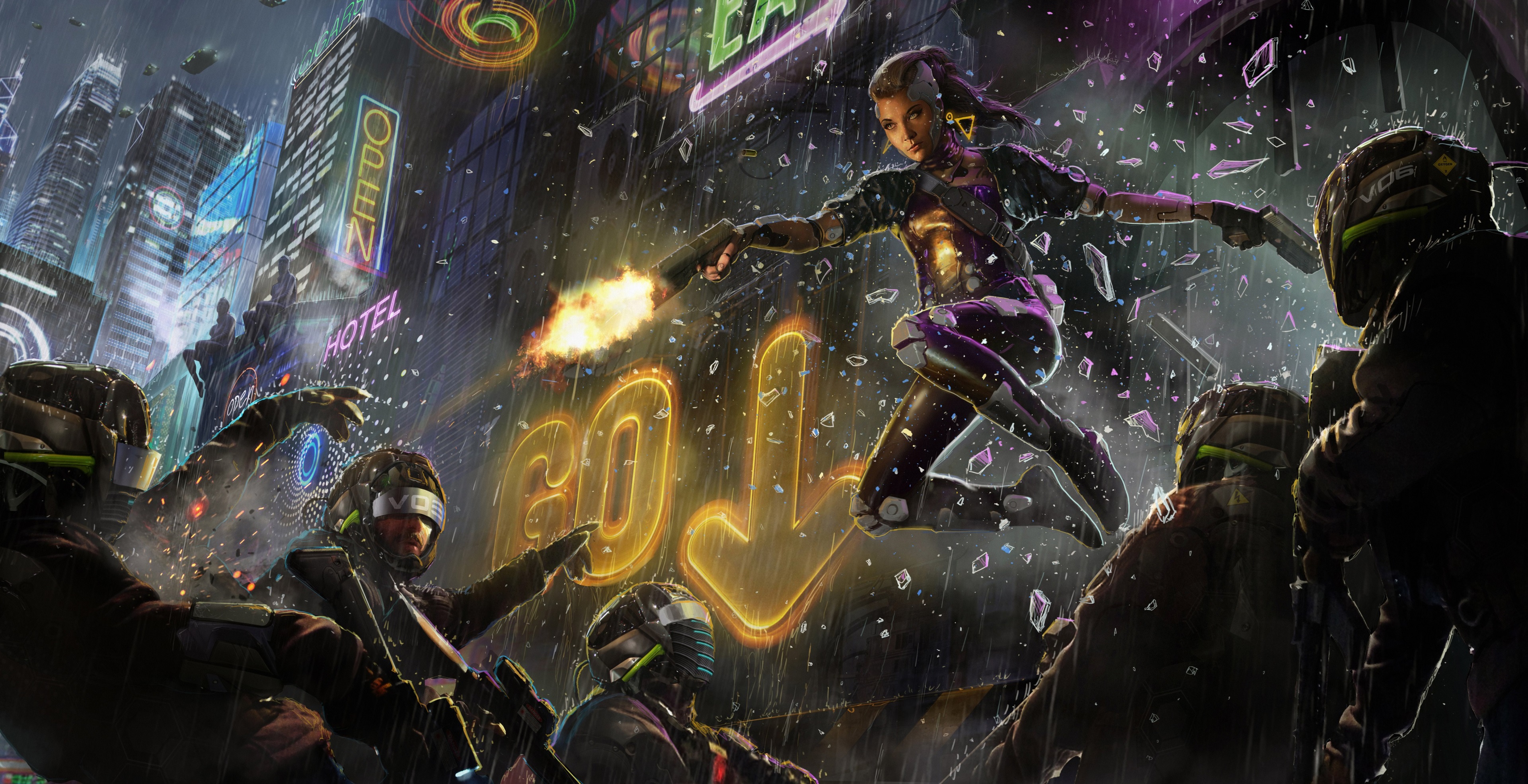 Woman firing gun in rainy cyberpunk city 4K HD Wallpaper
