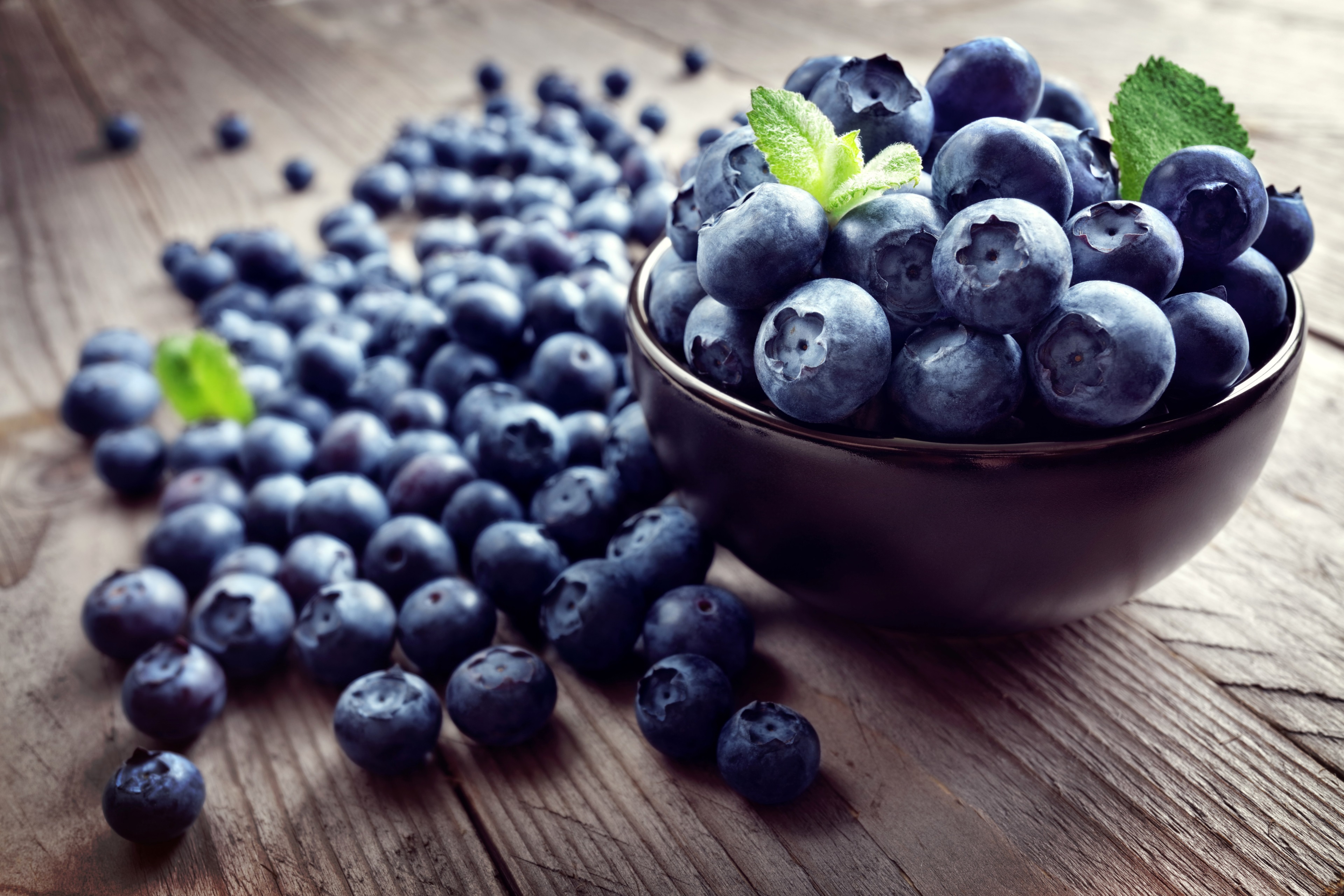 Blueberries in a bowl on a wooden table HD Wallpaper