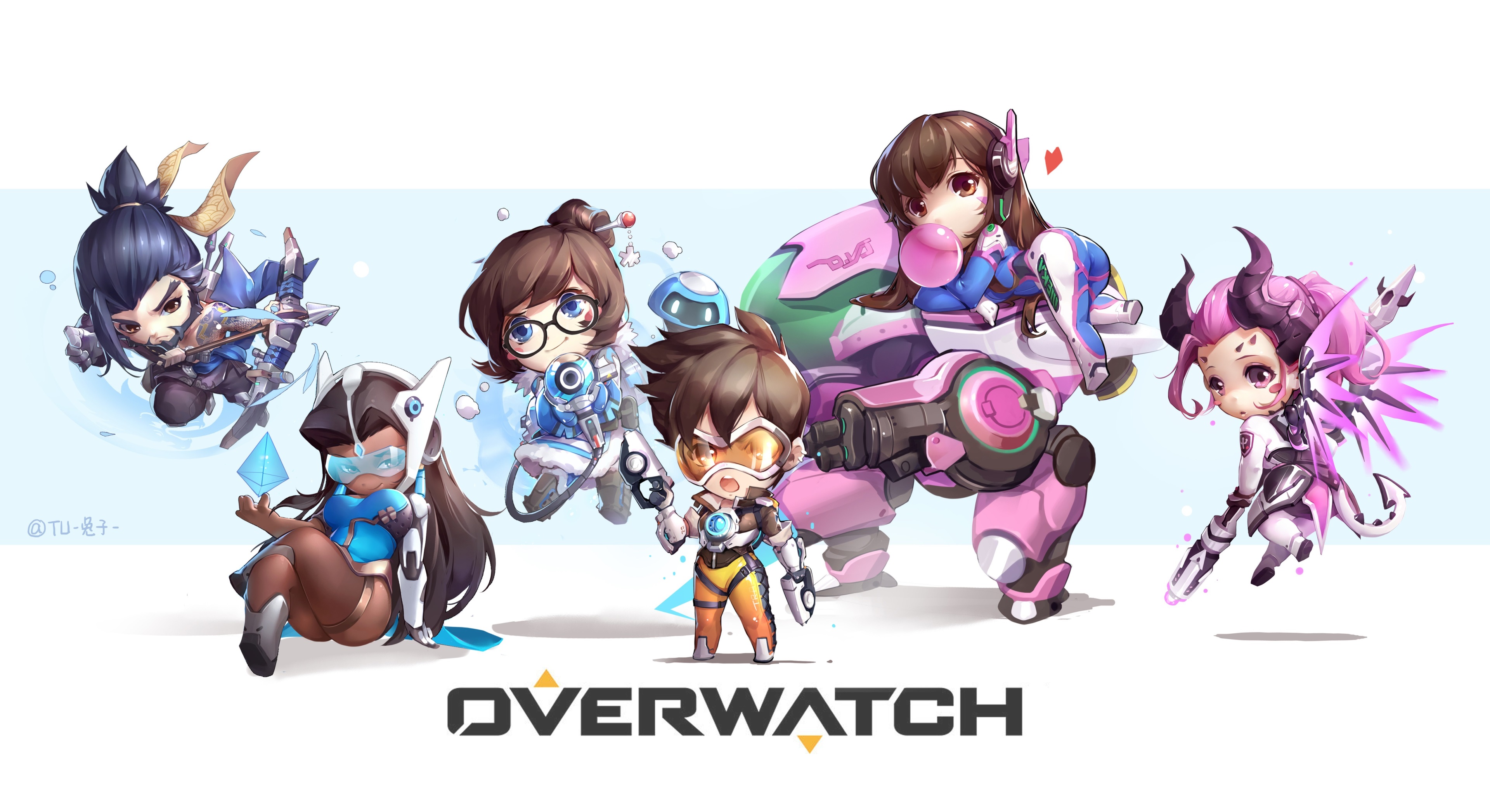 Overwatch Chibi Characters with D.Va's Mech HD Wallpaper