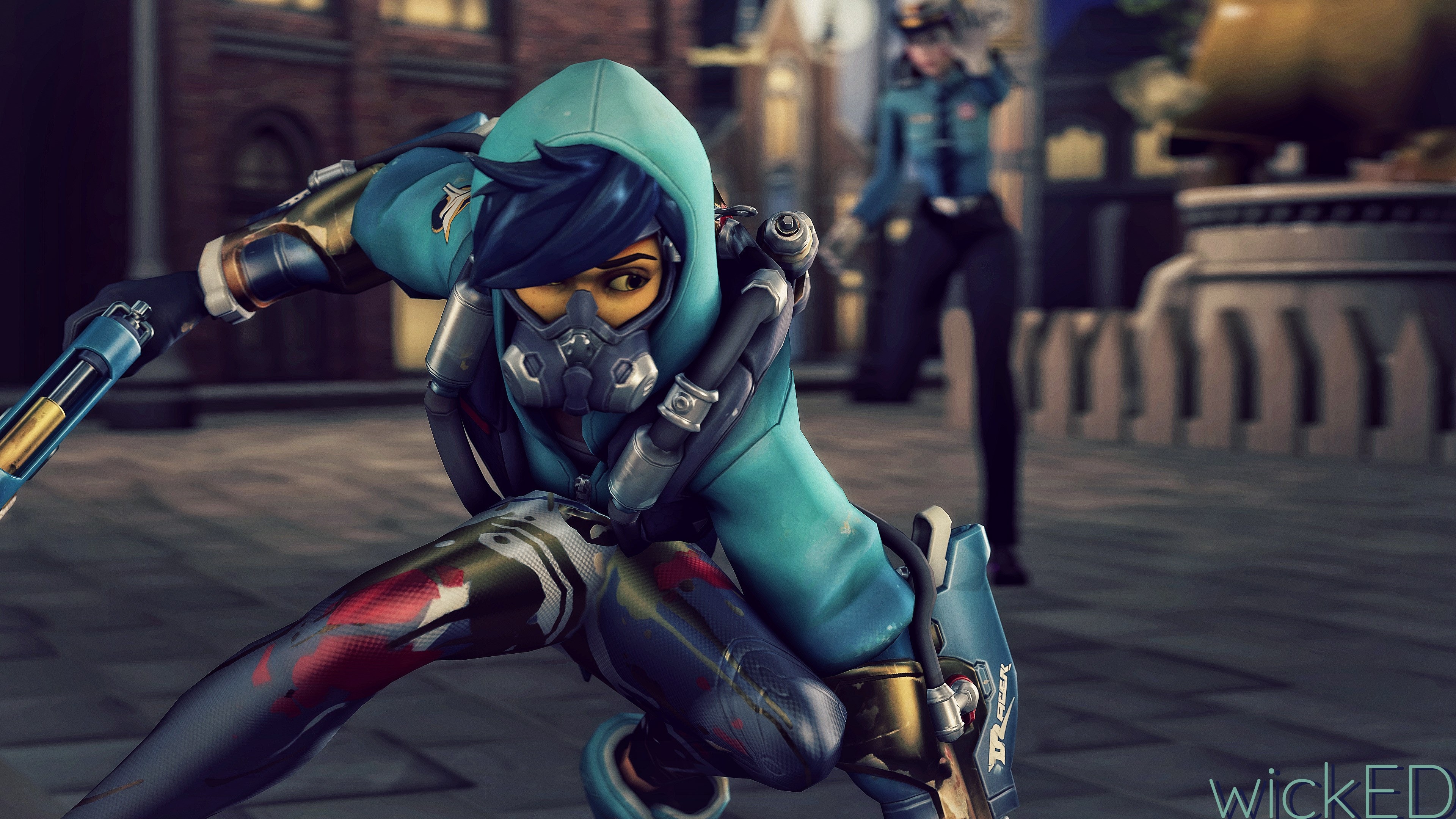 Tracer from Overwatch in a teal hood and mask HD Wallpaper