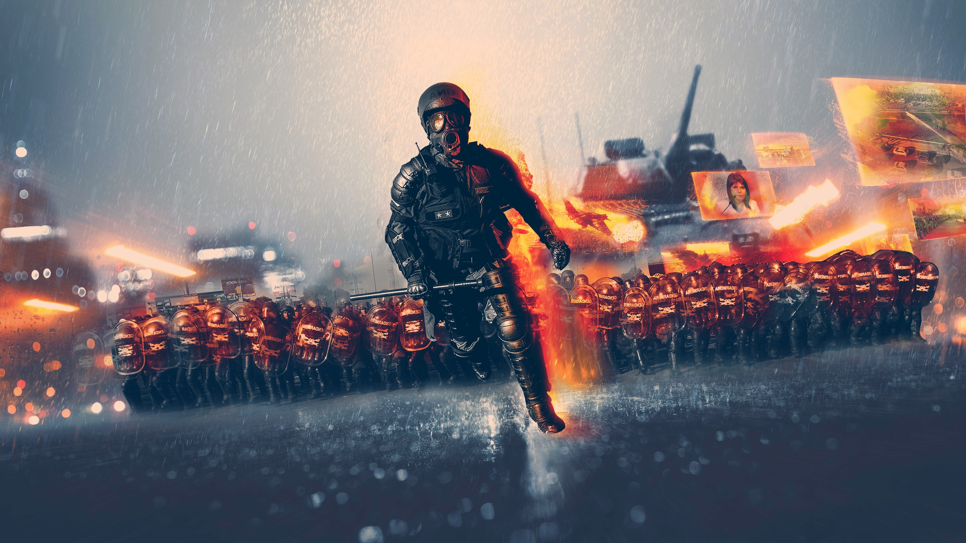 Soldier with riot shield police and tank in rain HD Wallpaper