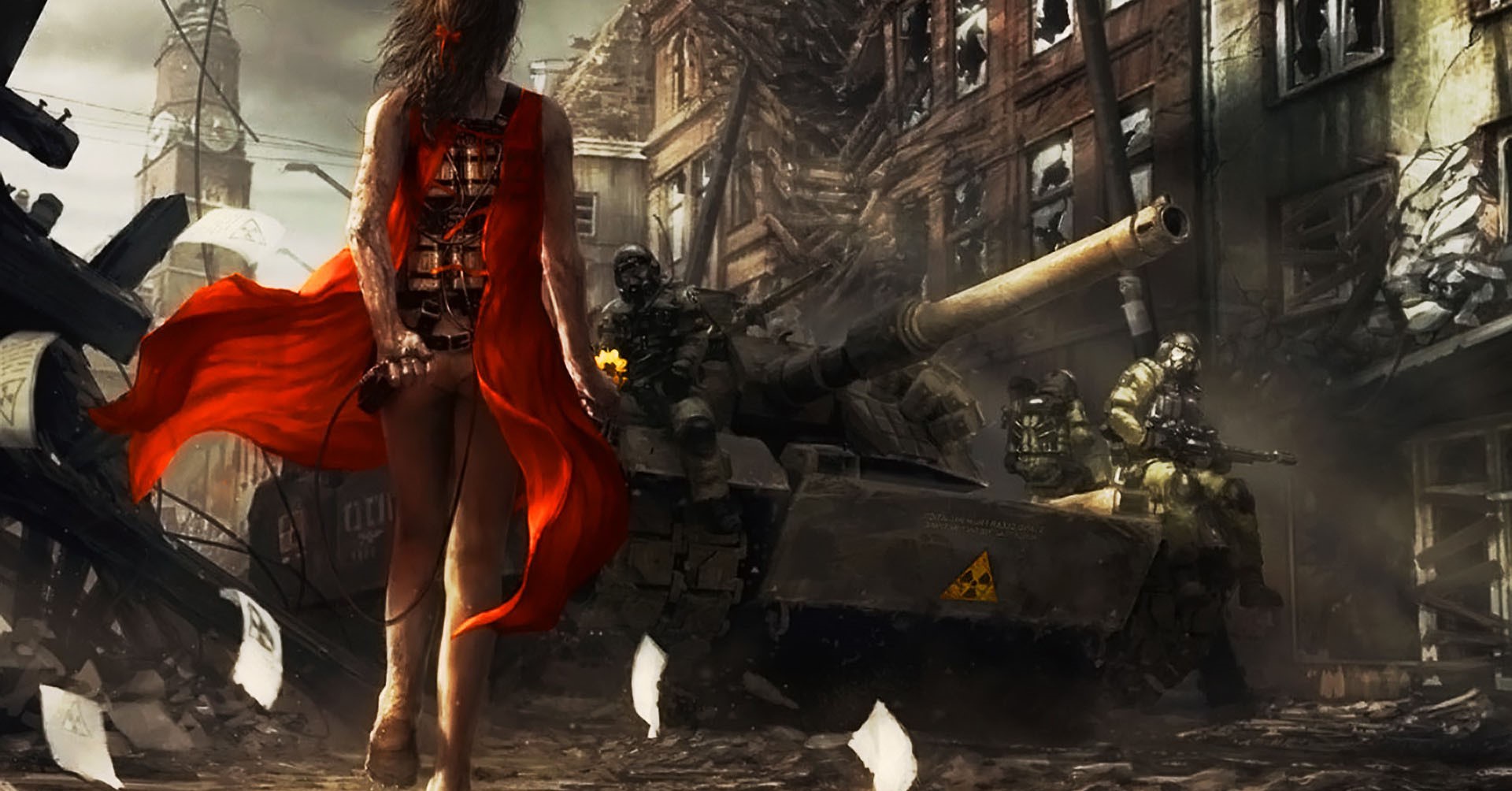 Woman in red dress near tank in destroyed city HD Wallpaper