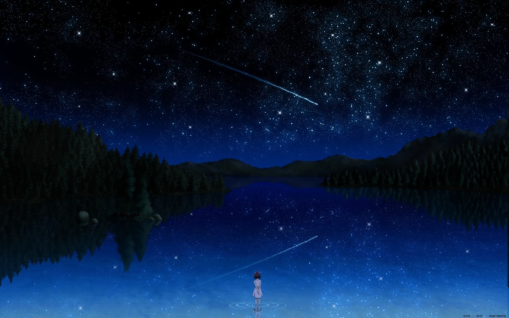 Anime girl watches shooting stars over a lake HD Wallpaper