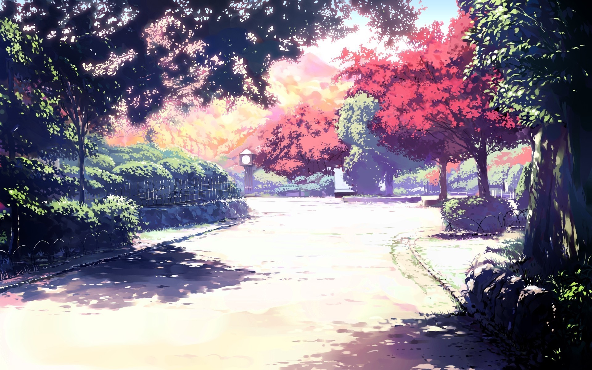 Park with trees and clock tower HD Wallpaper