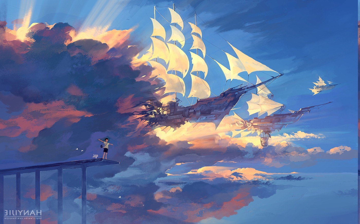 Fantasy airship sailing through clouds at sunset HD Wallpaper